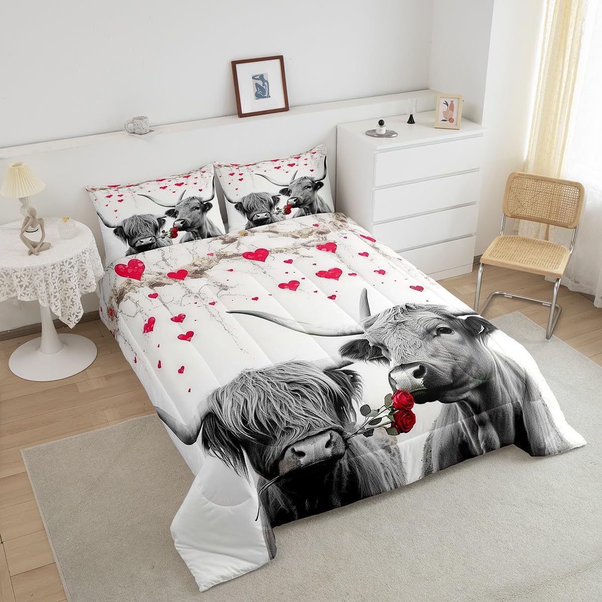 Erosebridal Happy Valentine's Day Comforter Set Queen Romantic Cow Bedding Set Couple Red Heart Tree Love Farmhouse Valentines Down Comforter Rose Floral Grey Marble Bedroom Decor Quilted Duvet
