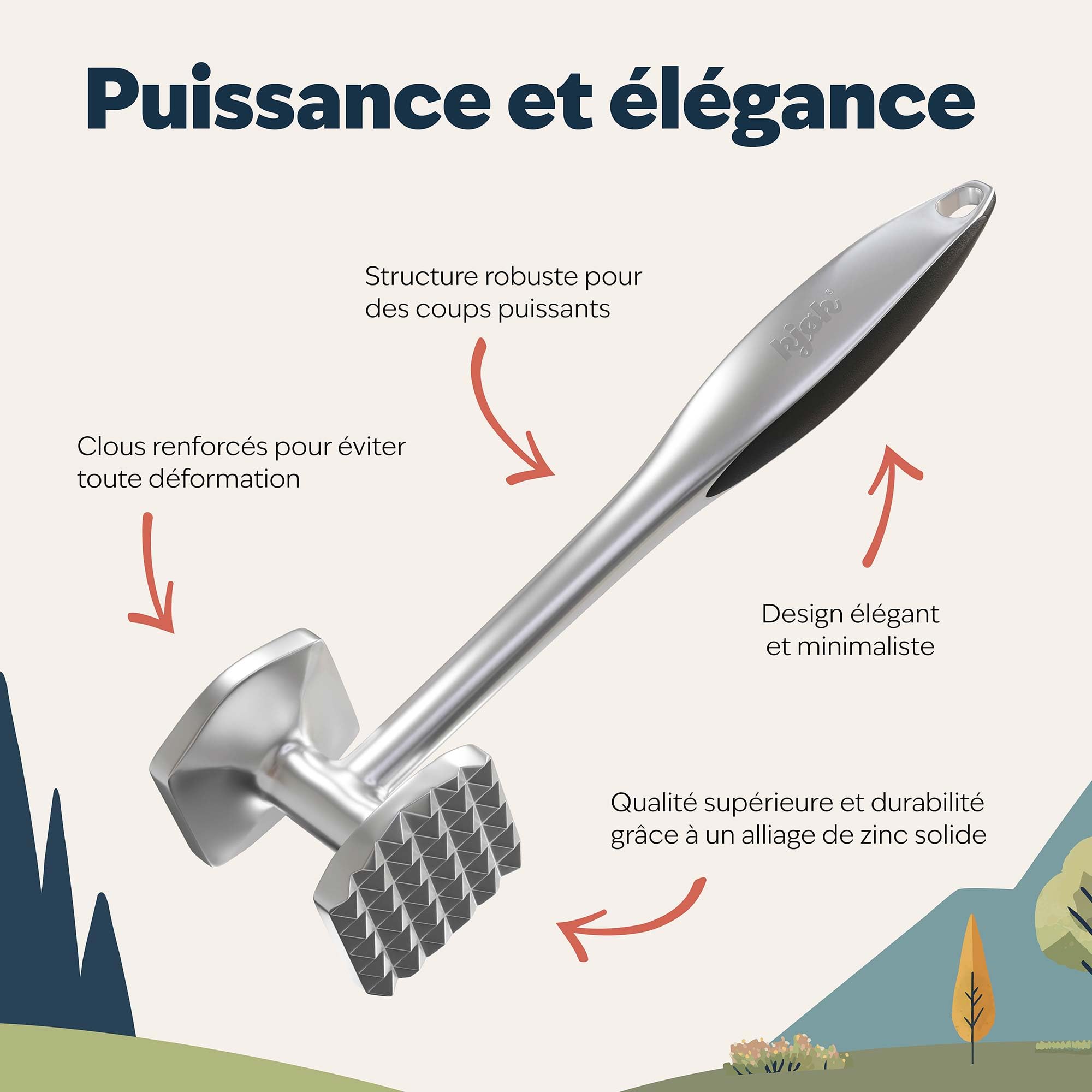Attendrisseur de viande en alliage de zinc chromé mat kjøk – maillet pour escalopes steaks volaille