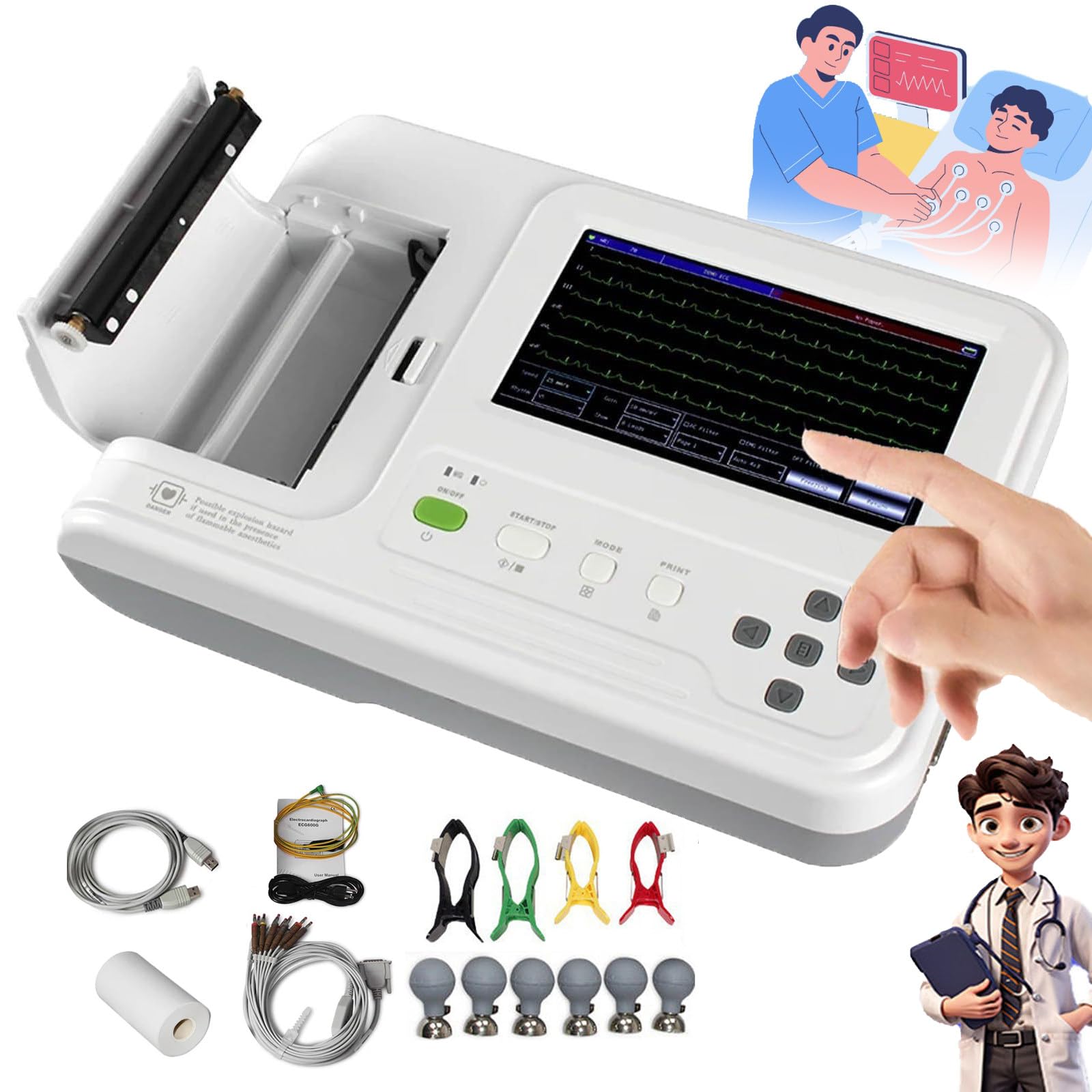 Monitor Ecg Portatile,Monitor per La Salute Cardiaca a Domicilio, Elettrocardiografo Ecg/Ekg a 6 Canali E 12 Derivazioni,Con Modalità Di Dimostrazione Della Forma D'onda Ecg,Interfaccia Multilingue