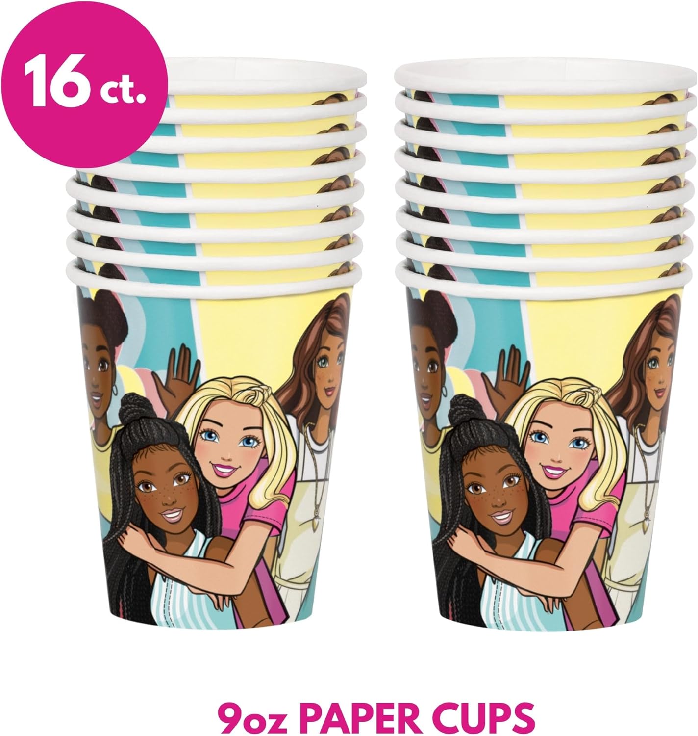 Barbie and Friends Pink Birthday Party Paper Dessert Plates, Napkins, Cups, Table Cover, and Happy Birthday Banner Decoration (16 Plates & Napkins)