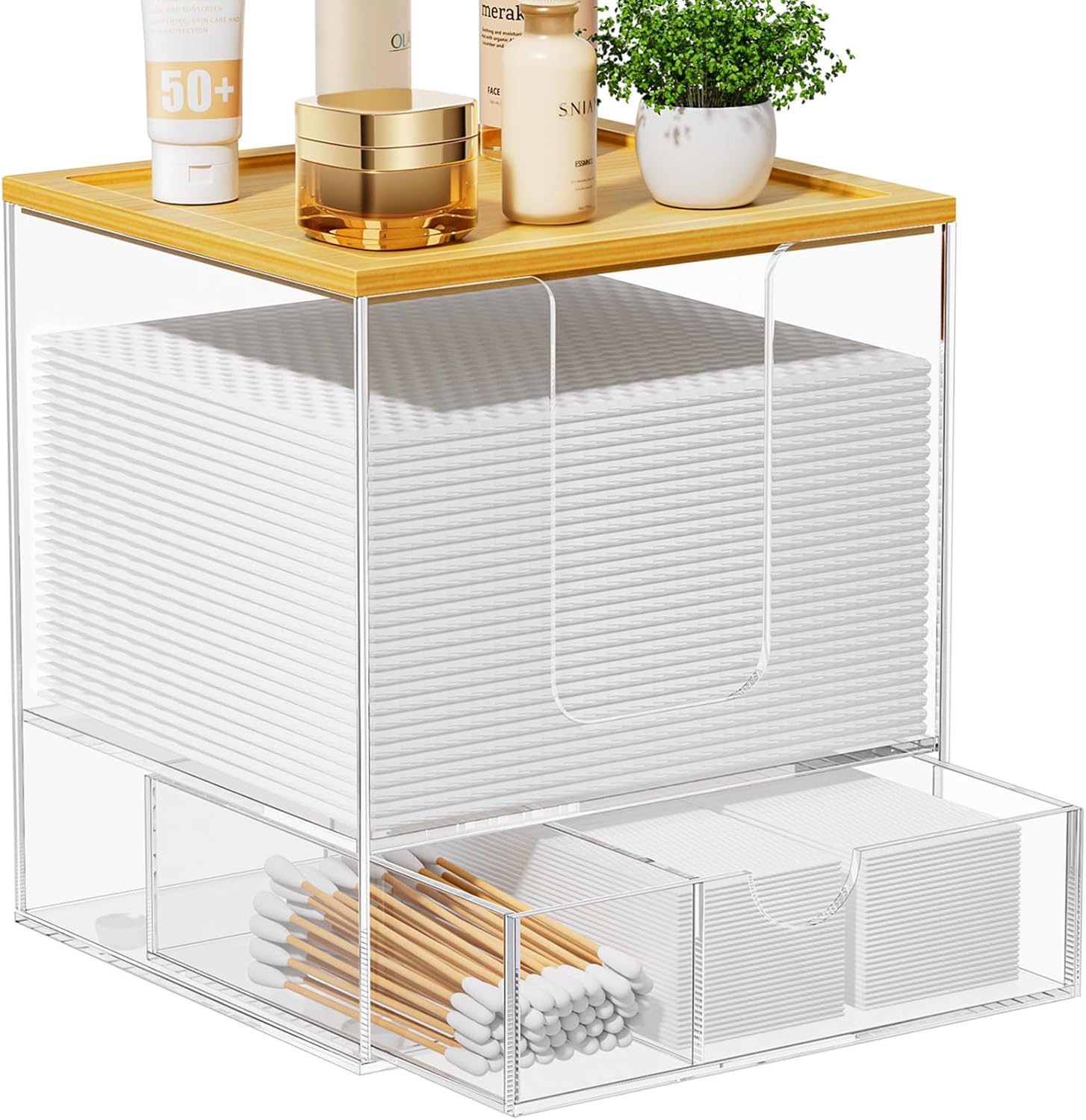 VITVITI Disposable Face Towel Holder for Clean Skin Club, Acrylic Bamboo Facial Towel Holder Box with Drawer, XL Face Towels Container for Bathroom Vanity Makeup, Clear