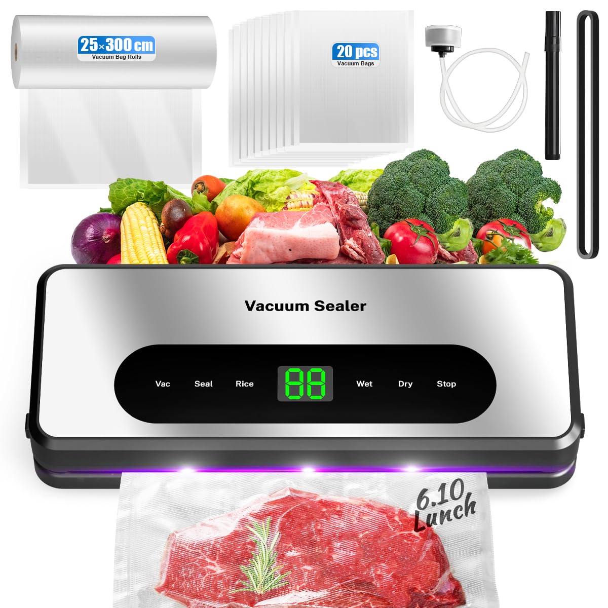 8 in 1 Macchina per sottovuoto per alimenti, sigillante multifunzione per alimenti con taglierina UV incorporata/conservazione per sacchetti Agisce su olio umido secco Croccante, kit per sigillatura