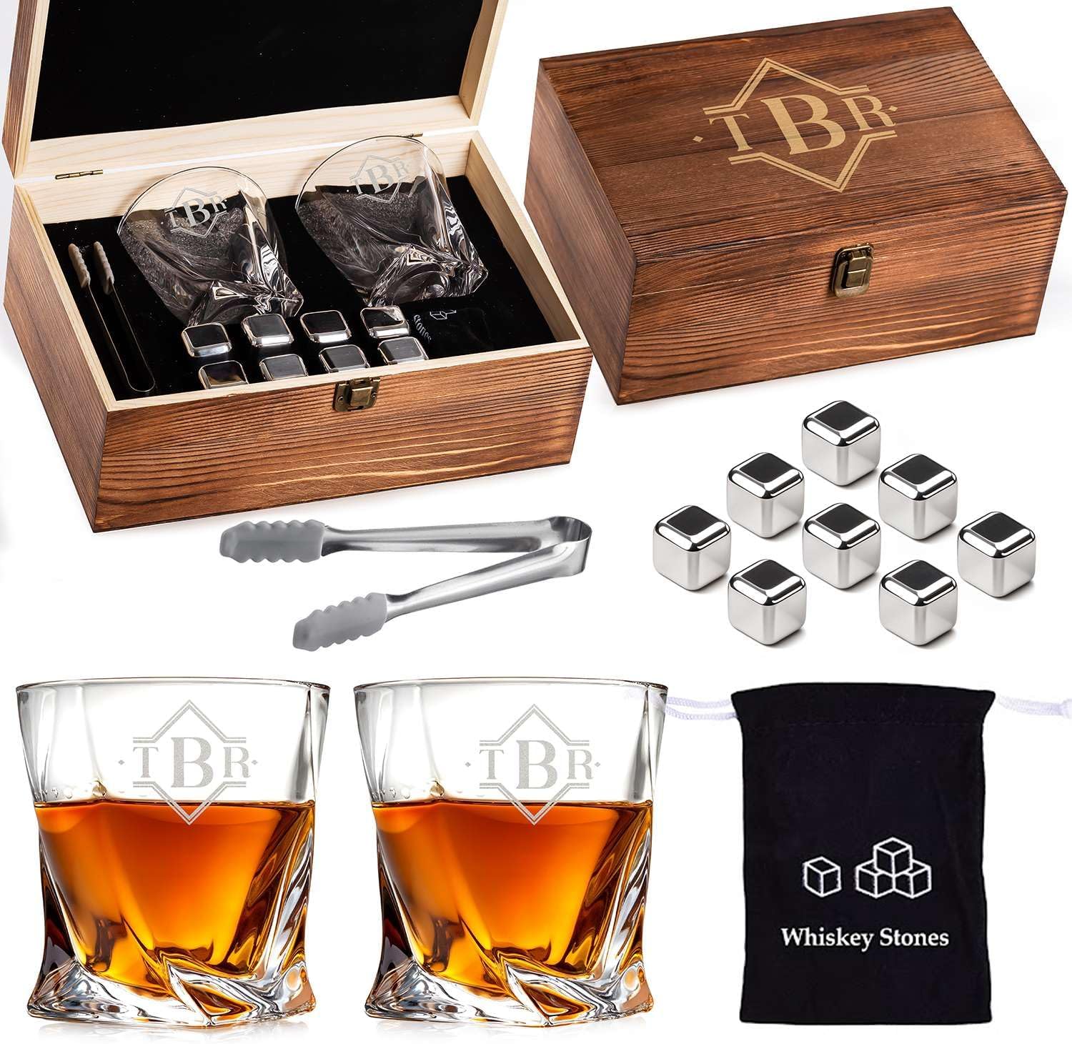 Custom Simplistic Modern Monogram Name Initial Whiskey Gift Set of 2 Glasses, Tongs, & Stainless Steel Whiskey Stones – Personalized Premium Wood Box for Men Gift for Husband, Dad, or Him
