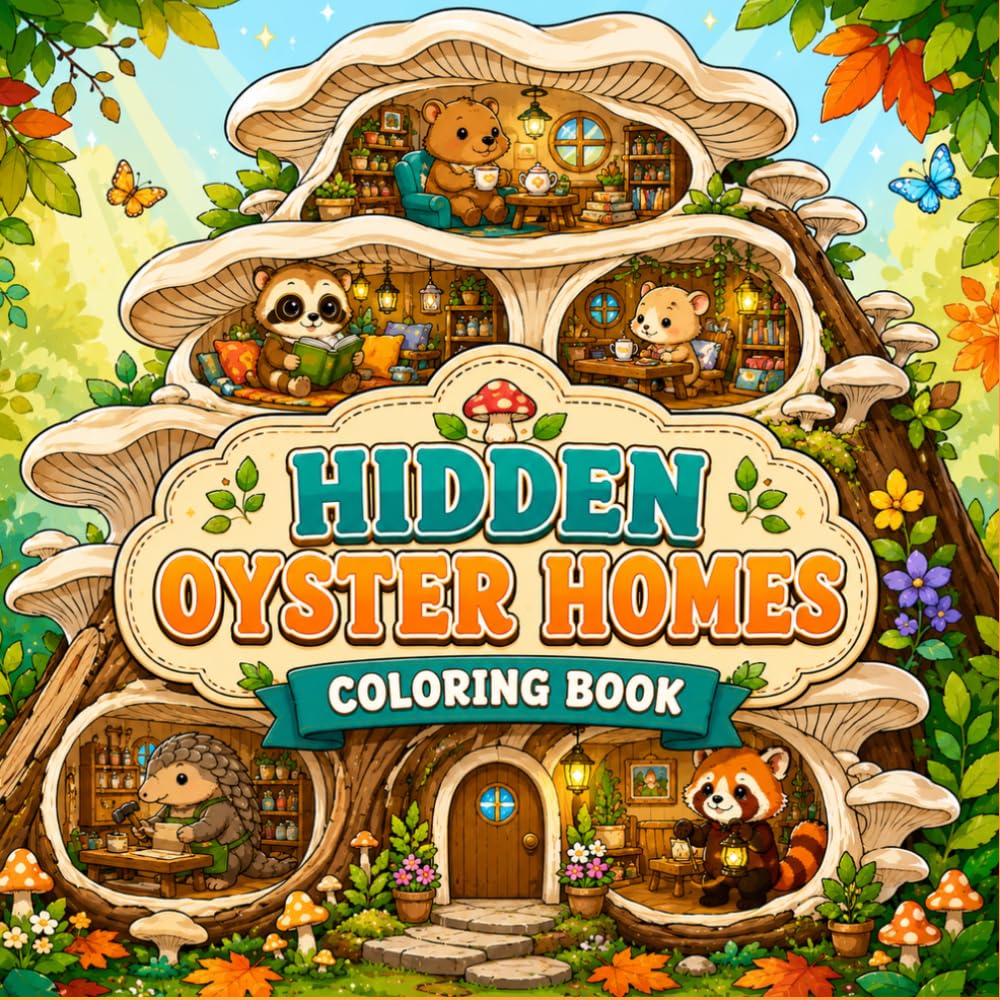 Hidden Oyster Mushroom Homes Coloring Book with Cozy Woodland Cottages, Cute Forest Animals, Enchanted Interiors, and Whimsical Nature Scenes