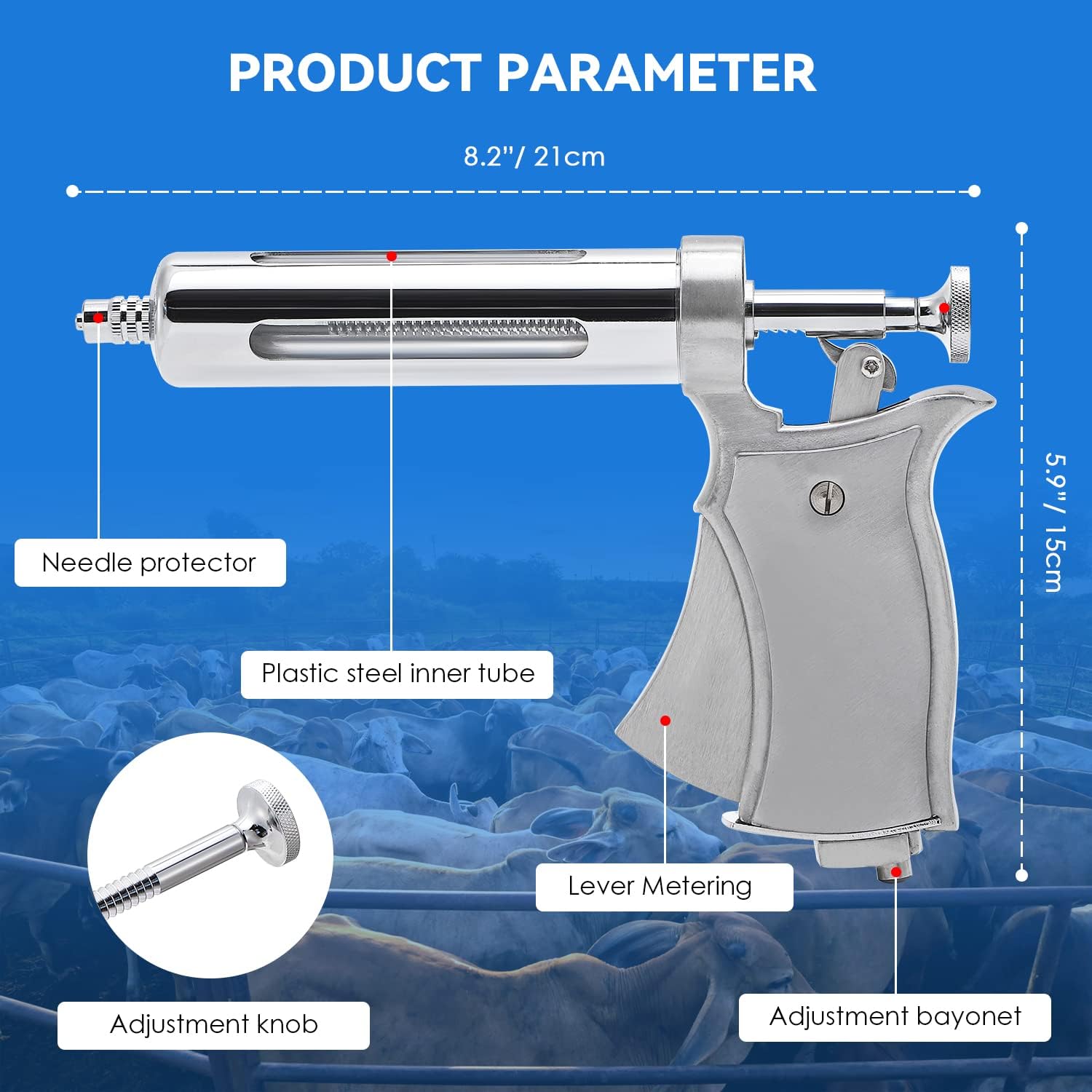 NEWTRY 50ML Continuous Livestock Syringe Semi Automatic Injector Adjustable Poultry Veterinary Gun Stainless Steel with 10 Needles for Horse Sheep Cattle : Patio, Lawn & Garden
