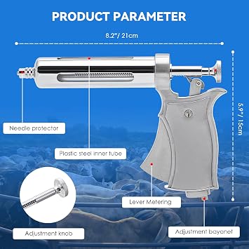 NEWTRY 50ML Continuous Livestock Syringe Adjustable Poultry with 10 Needles | Semi Automatic Syringe Adjustable Poultry Gun Stainless Steel with 10 Needles for Horse Sheep Cattle
