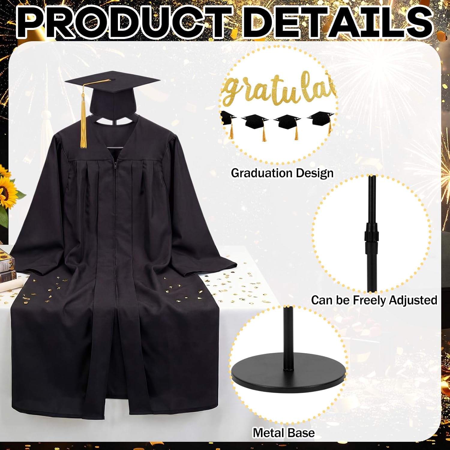 Xuhal Graduation Cap and Gown Display Stand with Banner Adjustable 20-34 Inch Garment Hanger Graduation Gown Jersey Display Rack Shirt Mannequin Stand for Grad Clothing Dress Party Supplies