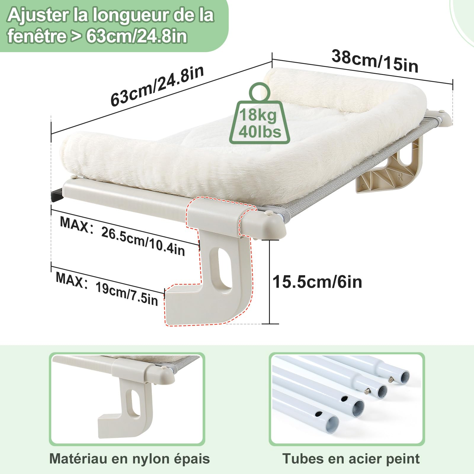 GUUSII HOME Hamac pour Chat Fenetre Panier Suspendu Chats au Lit Radiateur Etagere Transat Cat Robuste Facile à Monter et à déplacer Pas de Ventouse Balcon Jusqu'à 18kg 63 * 38cm(Blanc,L)