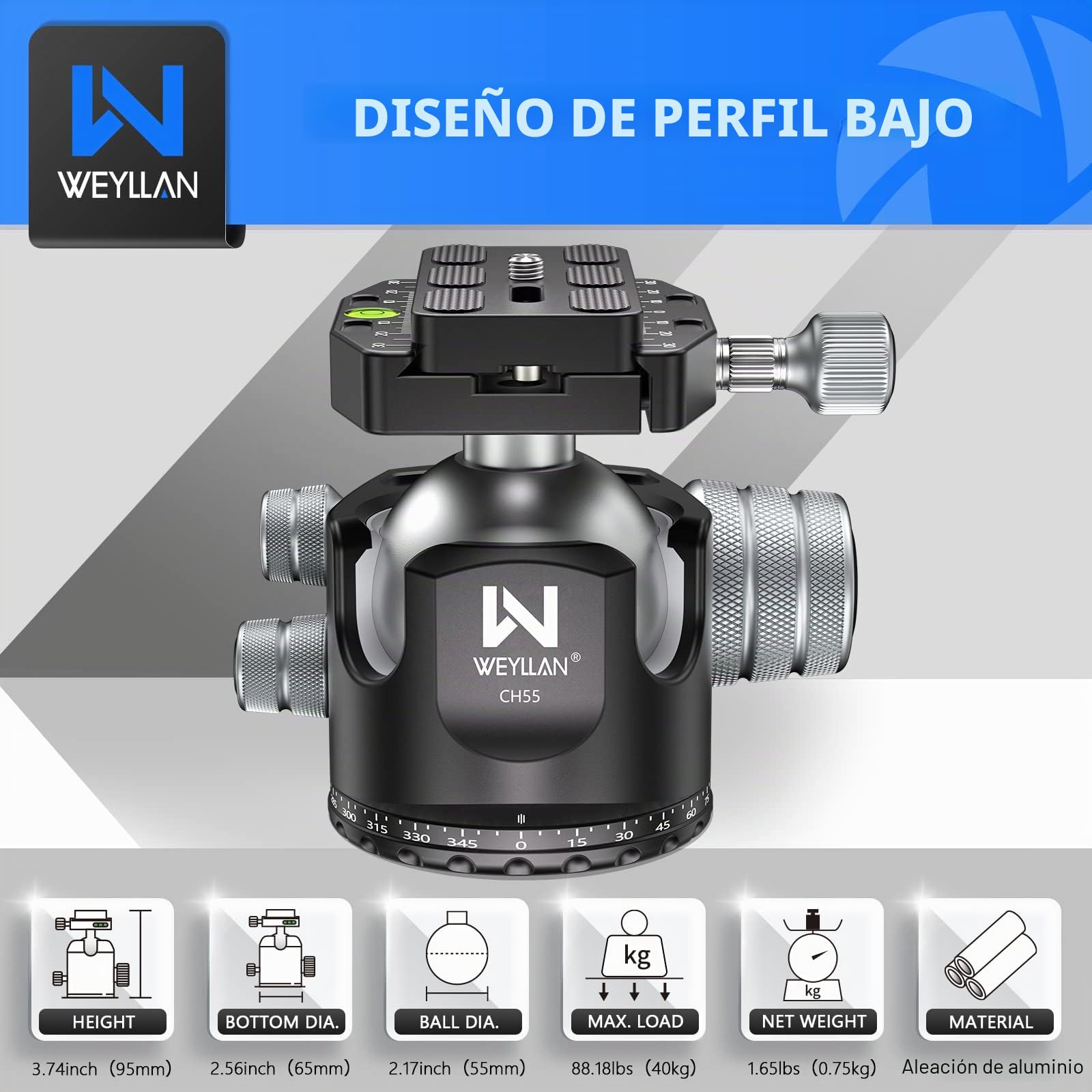 WEYLLAN CH55 cabeça de Bola de tripé, 55mm cabeça de tripé de Metal | 55mm cabeça de tripé, com placa de desbloqueio rápido Arca Swiss, para tripé, DSLR, câmara de vídeo, cámara,carga máxima 40kg