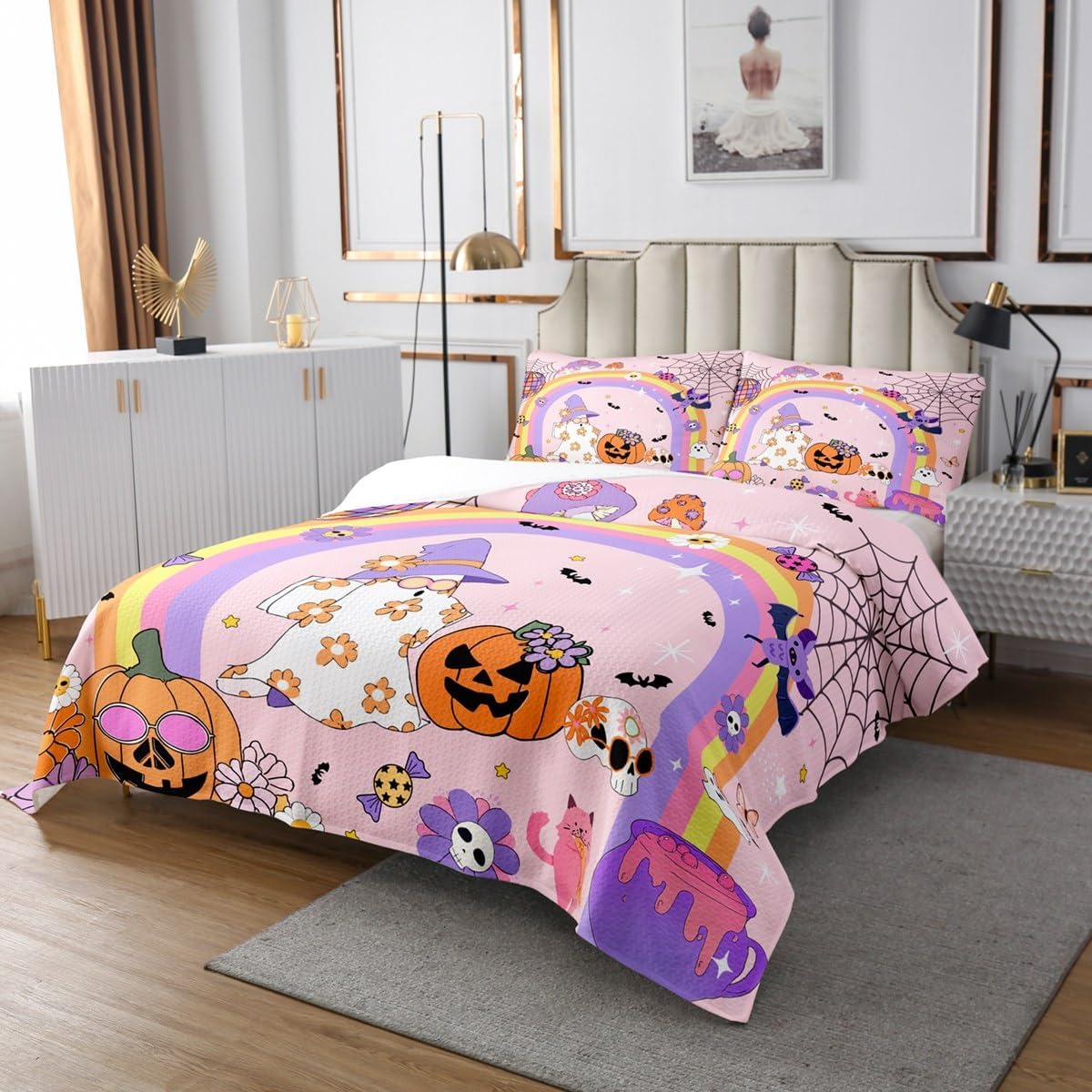 jejeloiu Happy Halloween Bedspread Cute Ghost Bedspread for Kids Boys Girls Pumpkin Lantern Coverlet Set Hippie Flower Quilted Bedroom Collection 2Pcs Twin Size