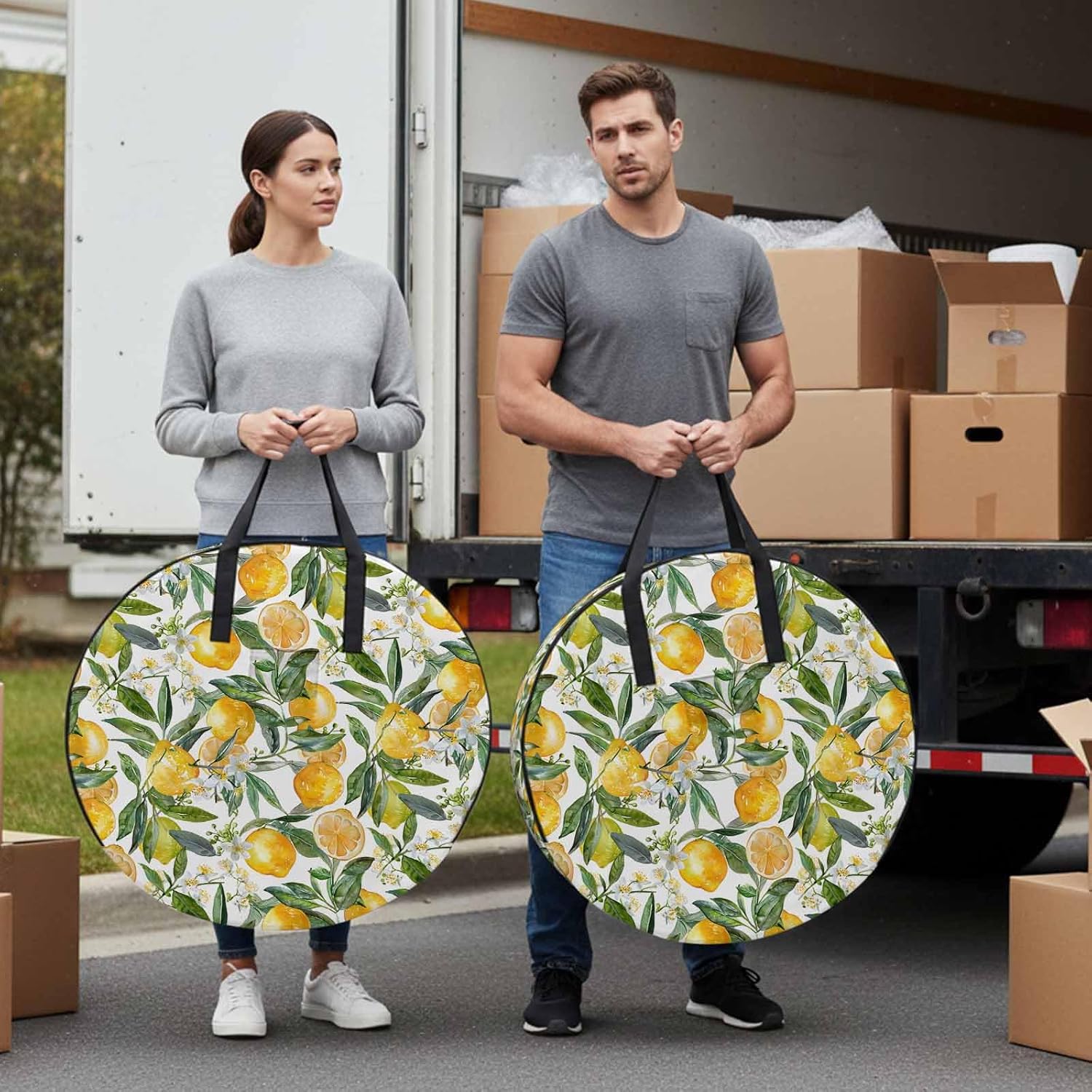 Lemon Round Storage Bag 36 Inch, Spring Summer Leaf Fruit Clothes Storage Container with Handles Heavy Duty Organizer for Comforter, Bedding & Holiday Wreaths