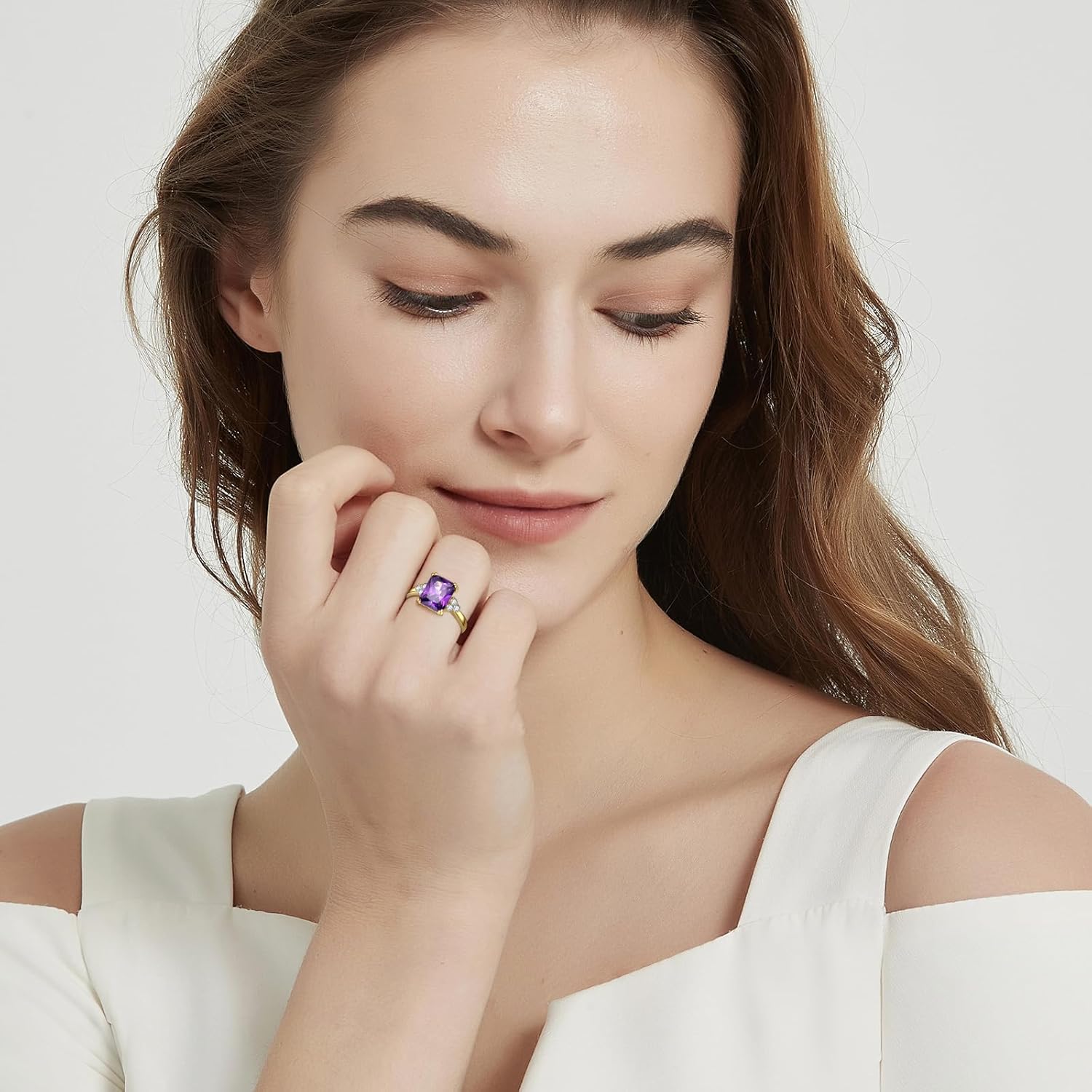 Women's Purple Ring 925 Sterling Silver Amethyst Ring 14K Gold Plated Amethyst Engagement Ring February Birthstone Rings Prong Setting Cubic Zirconia Size 9 - Image 7