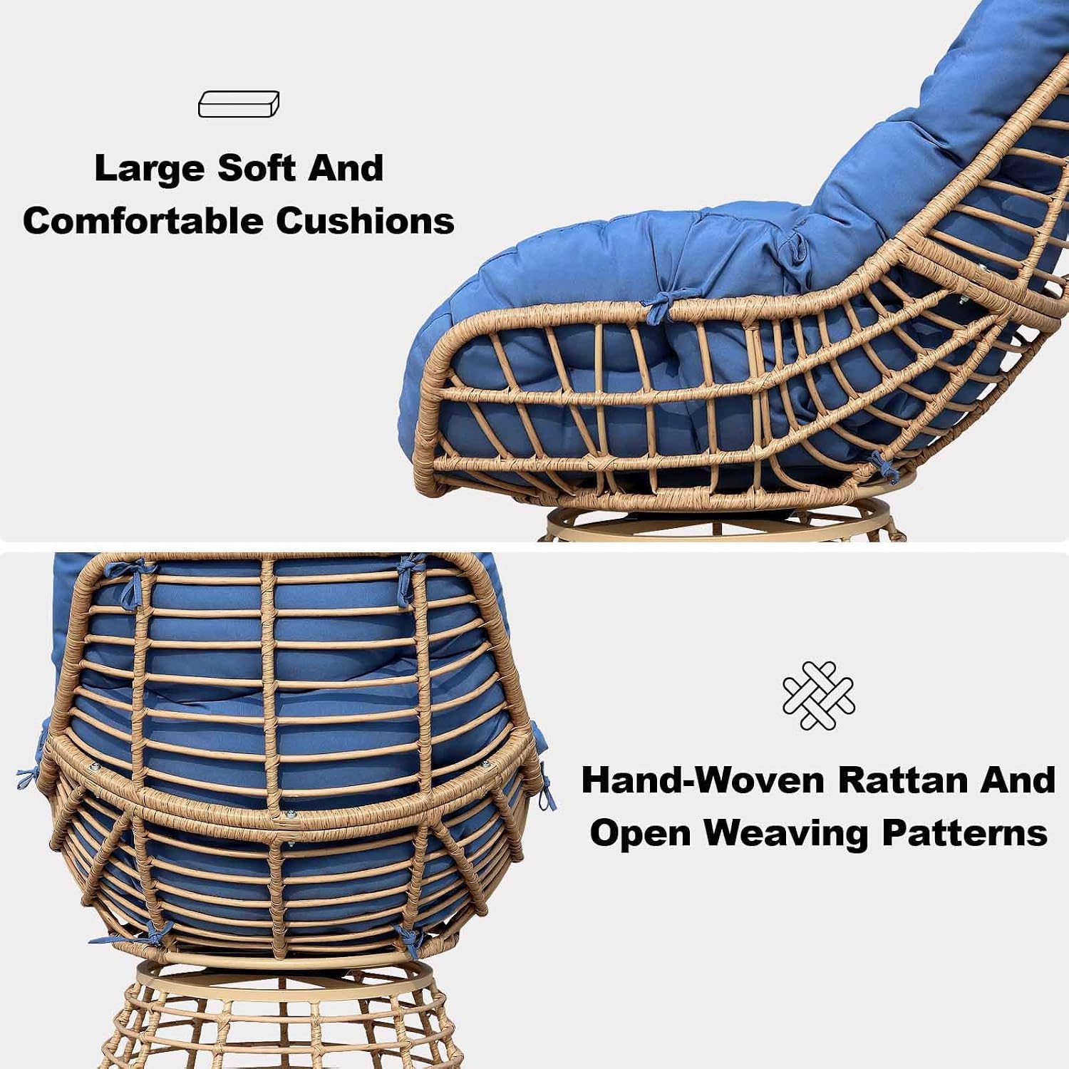 Swivel Chairs for Outside Patio Set of 3, 360 Degree Swivel Pe Wicker Luxury Lounger Chair with 20" Side Table, Soft Cushion and Durable Frame, for Apartment Balcony