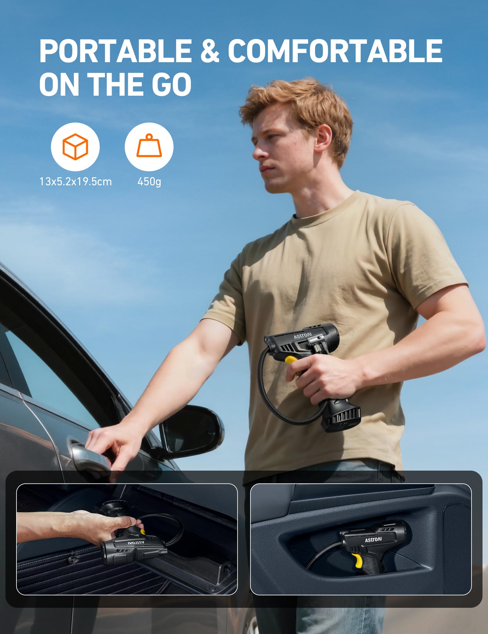 AstroAI Car Tyre Inflator Air Compressor, USB Rechargeable Battery Cordless Tyre Inflator, 150PSI Portable Handheld Tyre Pump Digital with Torch and 4 Adaptors for Car, Motorcycle Bike, Ball — view 5