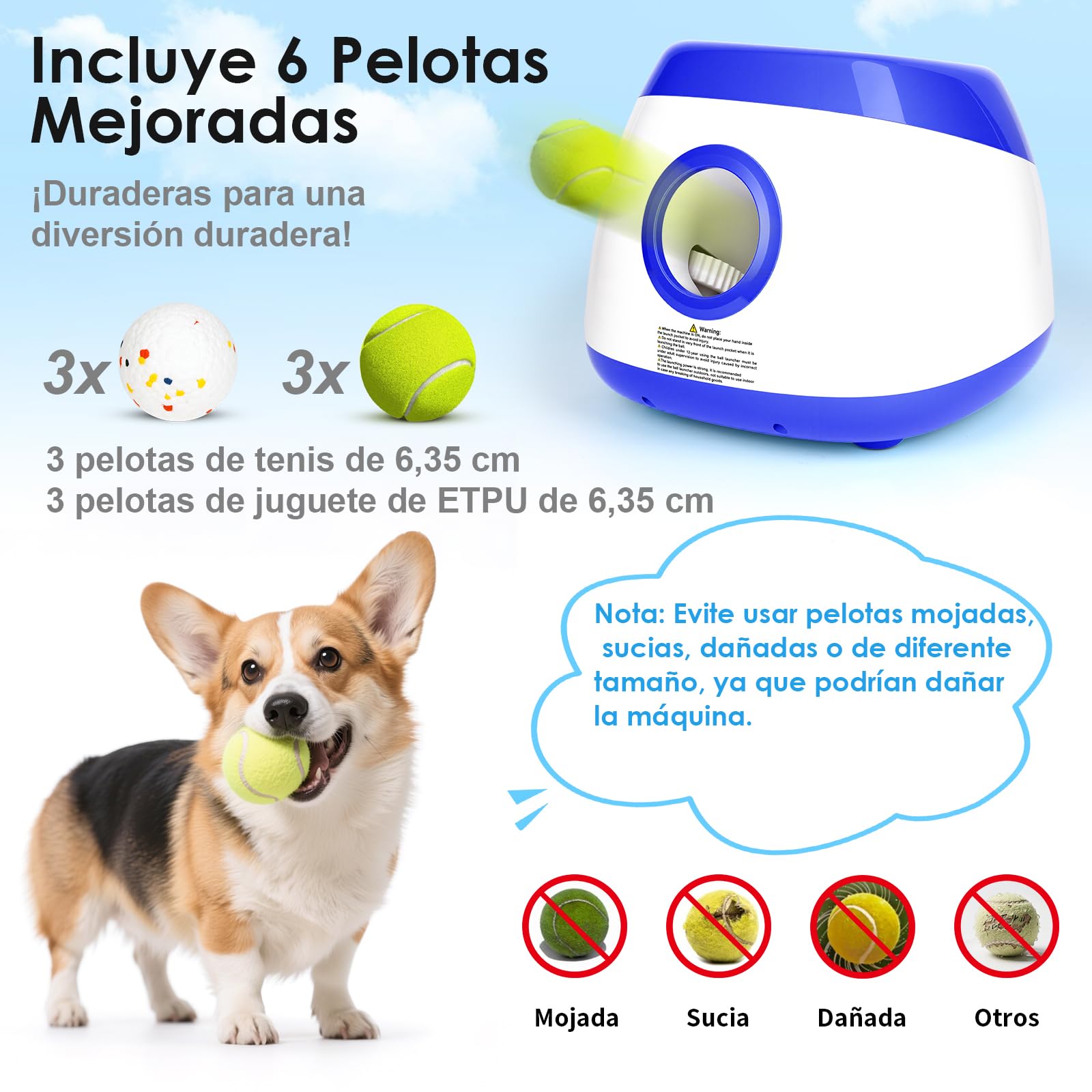 Lanzador de Pelotas para Perros Automático Lanza Pelotas Perro Interactiva Máquina Lanzadora de Mascotas para Perro Grande y Medianos, Incluye 6 Bolas