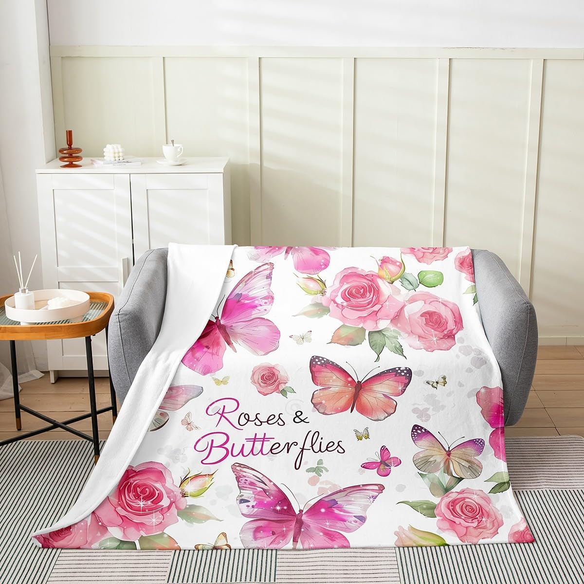 Feelyou Pink Butterfly Flannel Fleece Throw Blanket for Kids Girls Butterflies Print All Season Bed Blanket Queen 90"x90" Groovy Flower Fuzzy Blanket for Sofa Couch Girl Butterfly Floral Plush Blanket