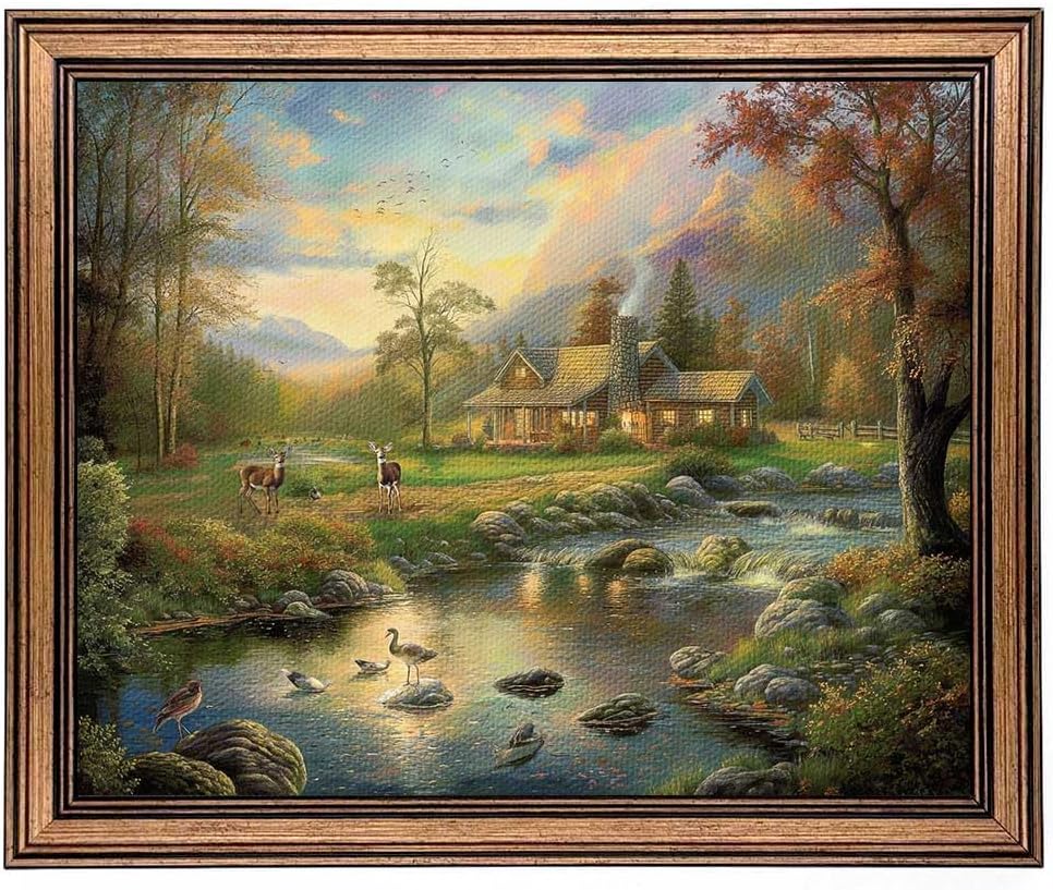 Gold Framed Wall Art Vintage Landscape Wildflowers Mountain Painting Canvas Print for Bedroom Living Room Wall Decor (wildflowers, 16L" x 12W")