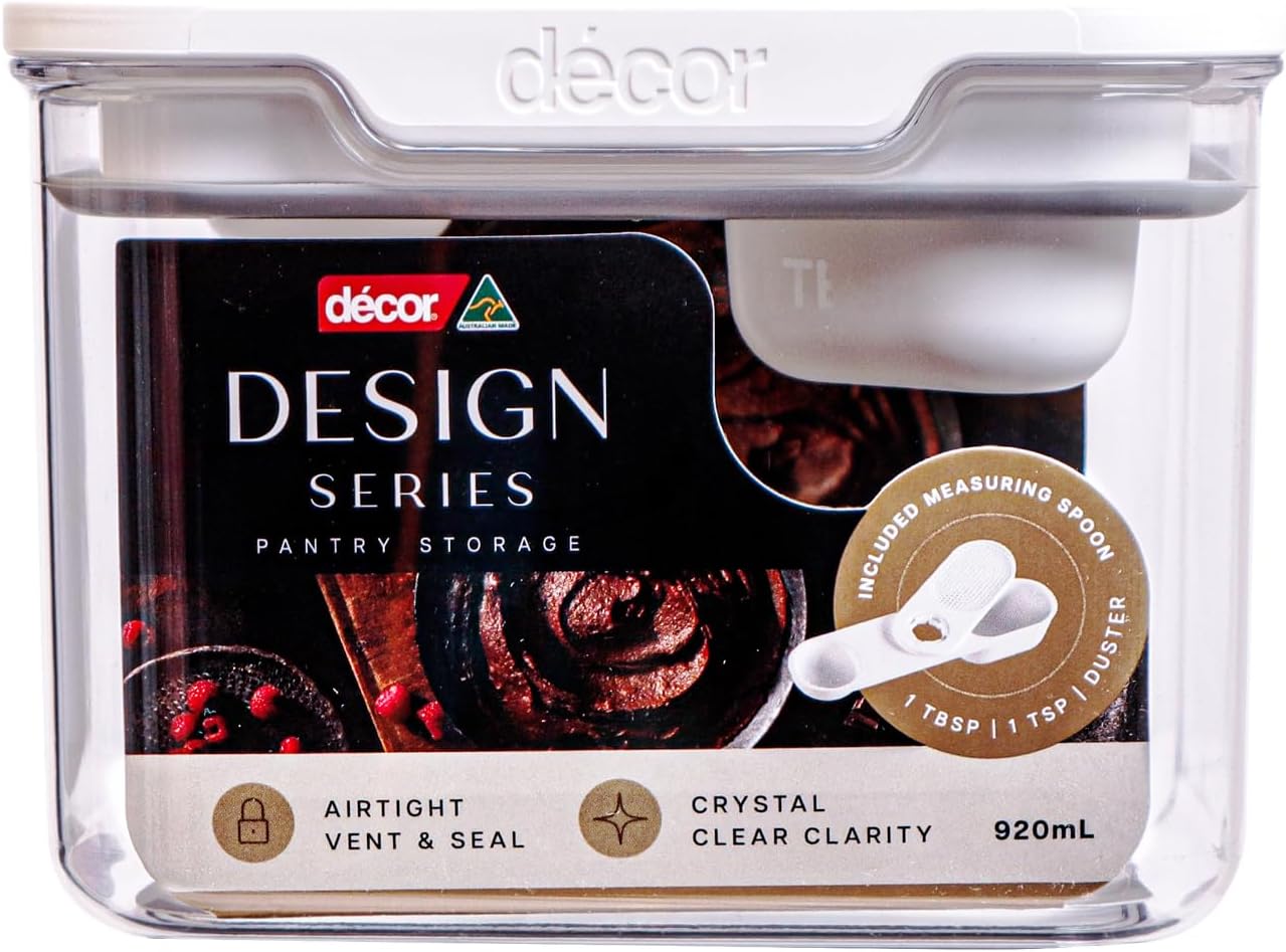 Décor Pantry Storage Container 920ml with Measuring Duster - Design Series, Airtight, BPA-Free, Modular Stackable, Dishwasher Safe, Australian Made