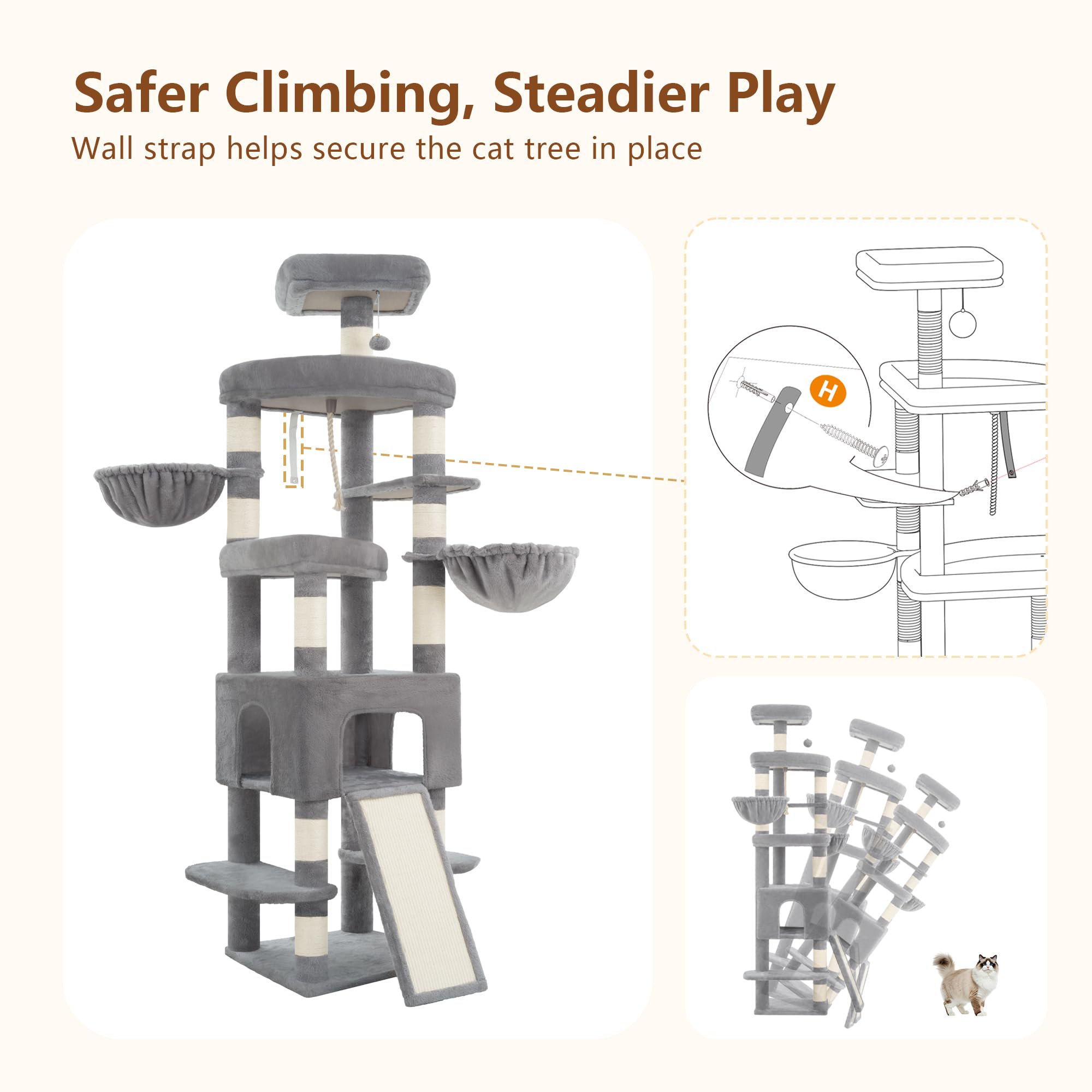 Heybly Árbol para Gatos XXL 210 cm, Torre Rascador Alta para Gatos Grandes de Interior, Condominio con 2 Cestas, Cueva, Plataformas y Tabla de Sisal, Gris Claro HCT063W