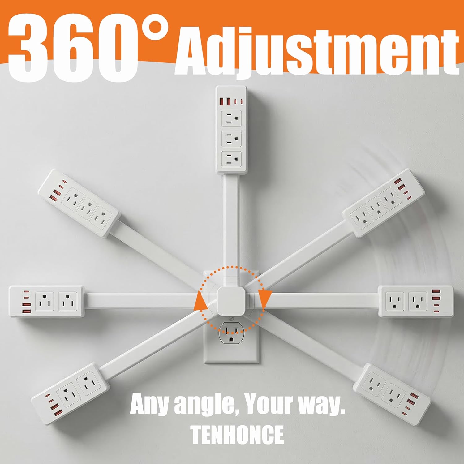 Outlet Extender Stick 360°Rotating Extendable Outlet Extension Stick with 2 USB-A, 2 USB-C, 3 AC Extends 19-28.2" Access Hard-to-Reach Outlets Use Behind Couch, Nightstands, Desks
