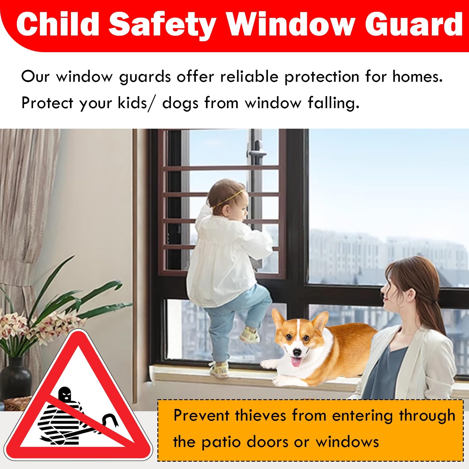 Barras de seguridad ajustables para ventanas, instalación sin tornillos para una protección segura de la ventana