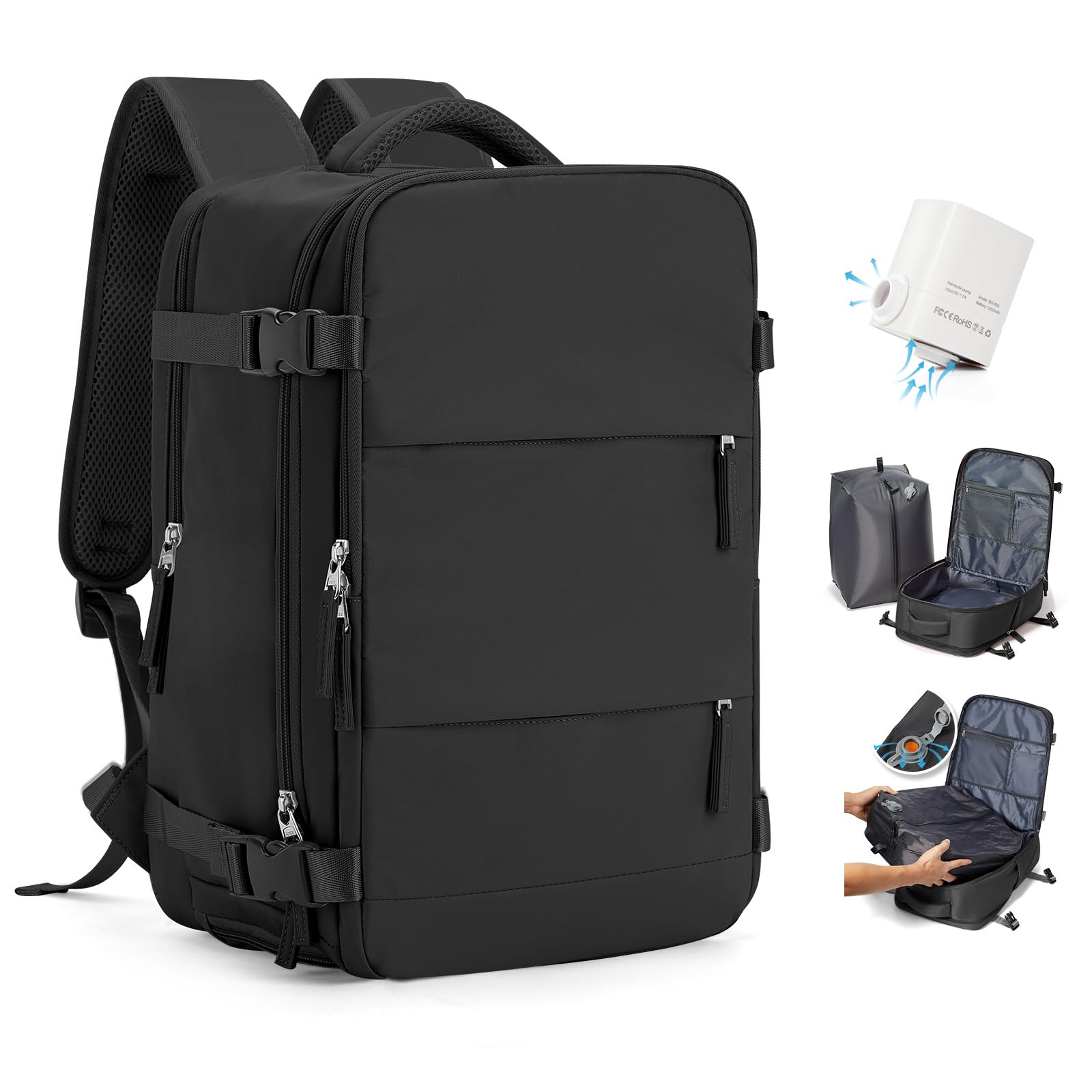 HPLQQ Mochila de Viaje al Vacío 40x30x20 con Bomba Cabina Avion Mochilas para Ryanair Bolsa de Cabina Easyjet Equipaje de Mano Mochila de Senderismo Impermeable Cabina Mochila para Mujer,H01-Negro