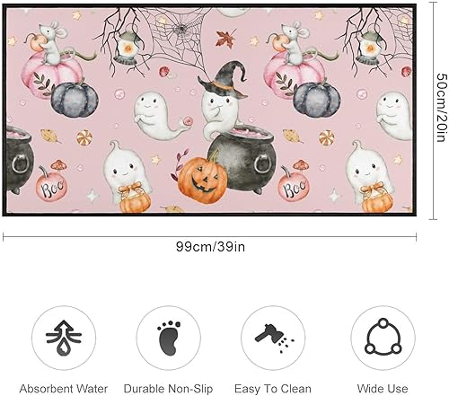 Miniatura 2 de Alfombra de cocina de fantasma rosa de Halloween, alfombra de piso de hojas de otoño, lavable, antideslizante, alfombra de baño, alfombra de baño,
