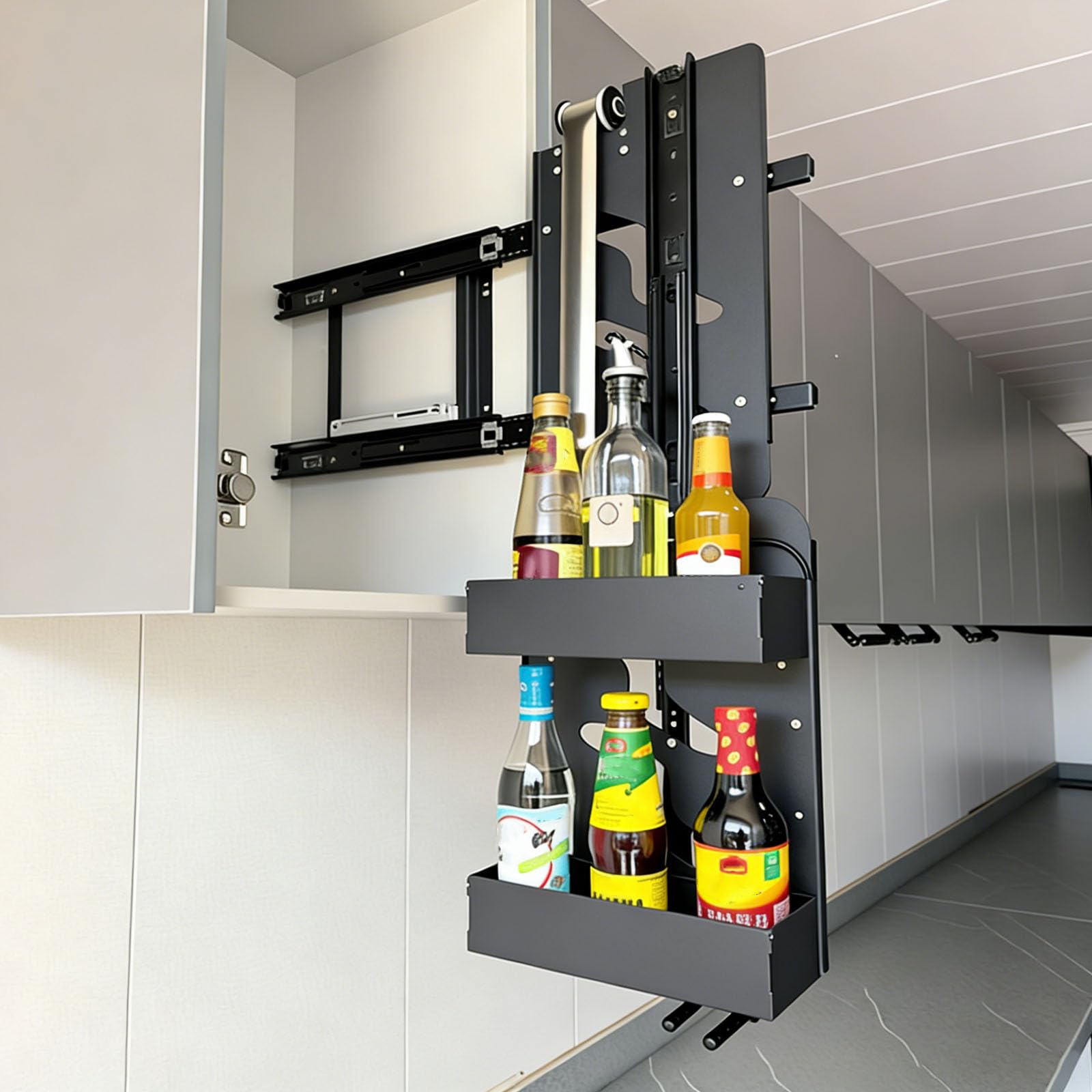 Vertical Pull-Down Manual Storage Rack Pull Down Cabinet Organizer Stainless Steel Springs With Uniform Lifting Force Suitable for Kitchens and Bathrooms Right-7.9 x 12.6 x 20.3 in