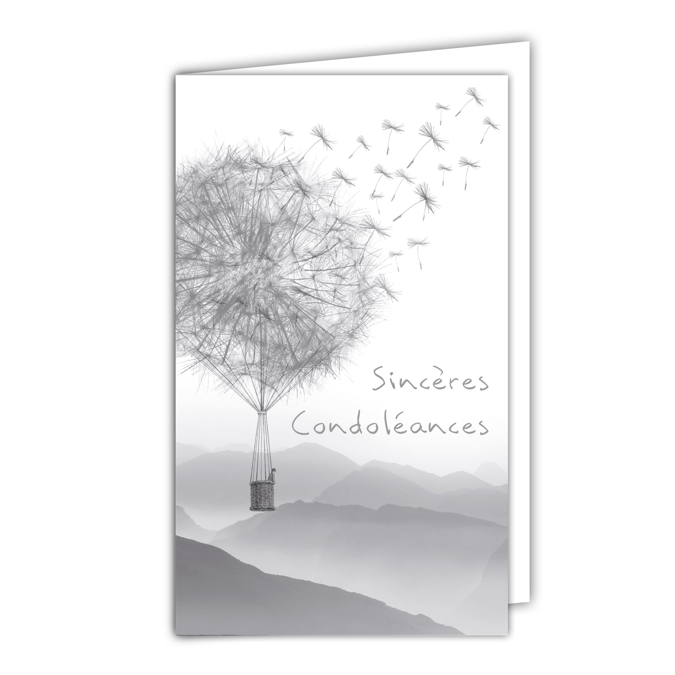 24-1003-B Sincere Condolences Card with White Envelope 10 x 16.5 cm – Hot Air Balloon Dandelion Seeds Modern Contemporary Landscape Clean Design Silver Grey Shiny Mourning Death