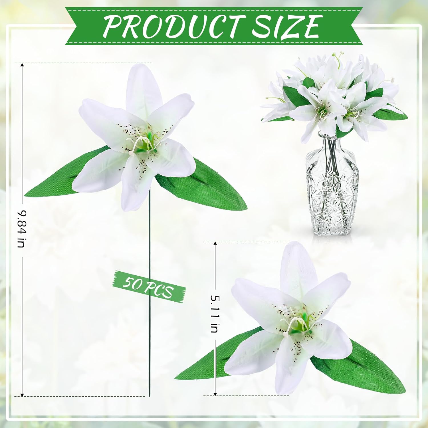 50 Pcs Artificial Lilies Flowers Fake Silk Easter Lilies with Stem and Green Leaf Faux Wedding Flower Bouquet for Floral Arrangement Spring Home Wedding Bridal Party Decoration (White)