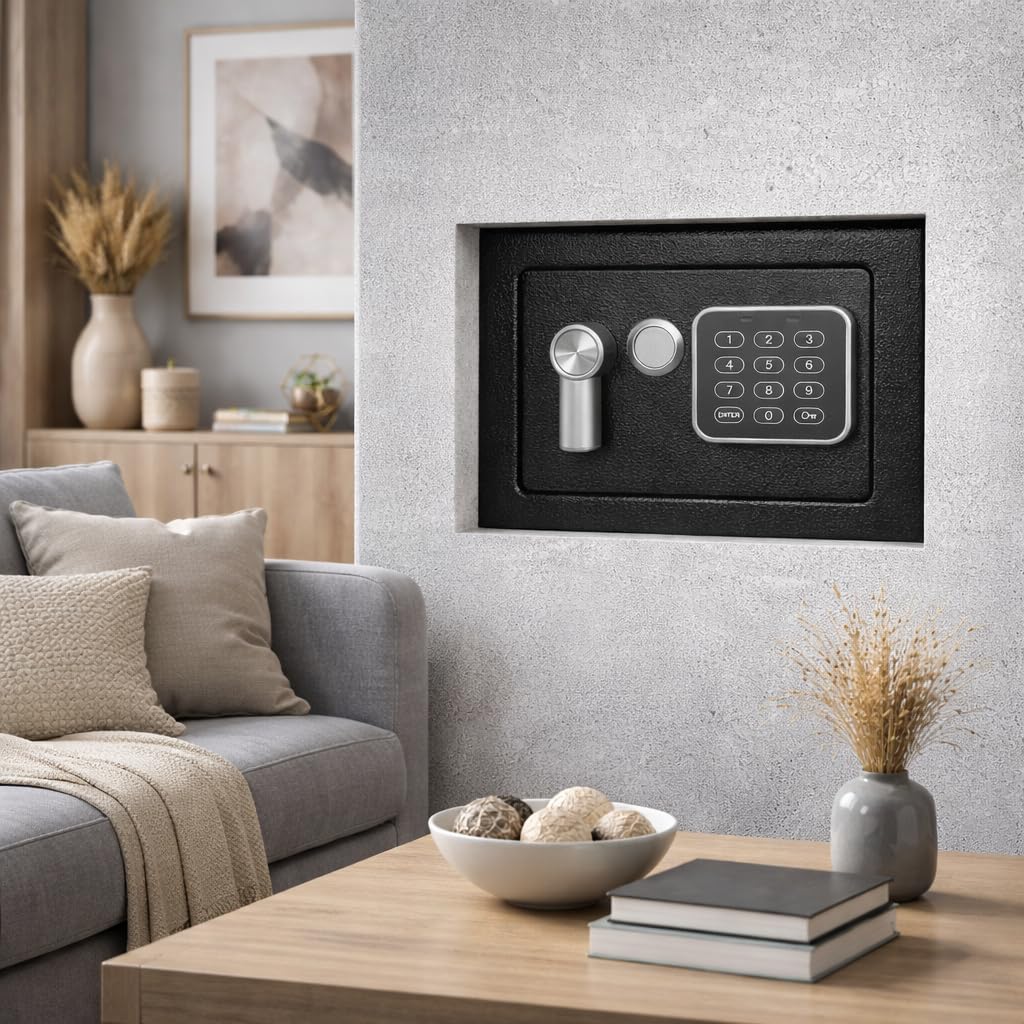 Caja Fuerte con Código Electrónico Negro de Acero Caja de Seguridad con Llave de Emergencia para el Hogar y Oficina