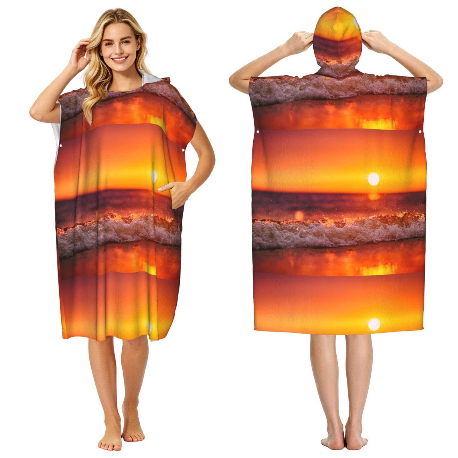 Poadnly Sunset With Sea Waves Printed, Adult Hooded Beach Towel 90 x 110 cm,Changing Bath Robe, Surf Poncho Towel For Women Men
