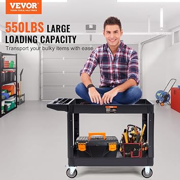 VEVOR Utility Service Cart, 2 Shelf 550LBS Heavy Duty Plastic Rolling Utility Cart with 360 Swivel Wheels (2 with Brakes), Large Lipped Shelf, Ergonomic Storage Handle for Warehouse/Garage/Cleaning