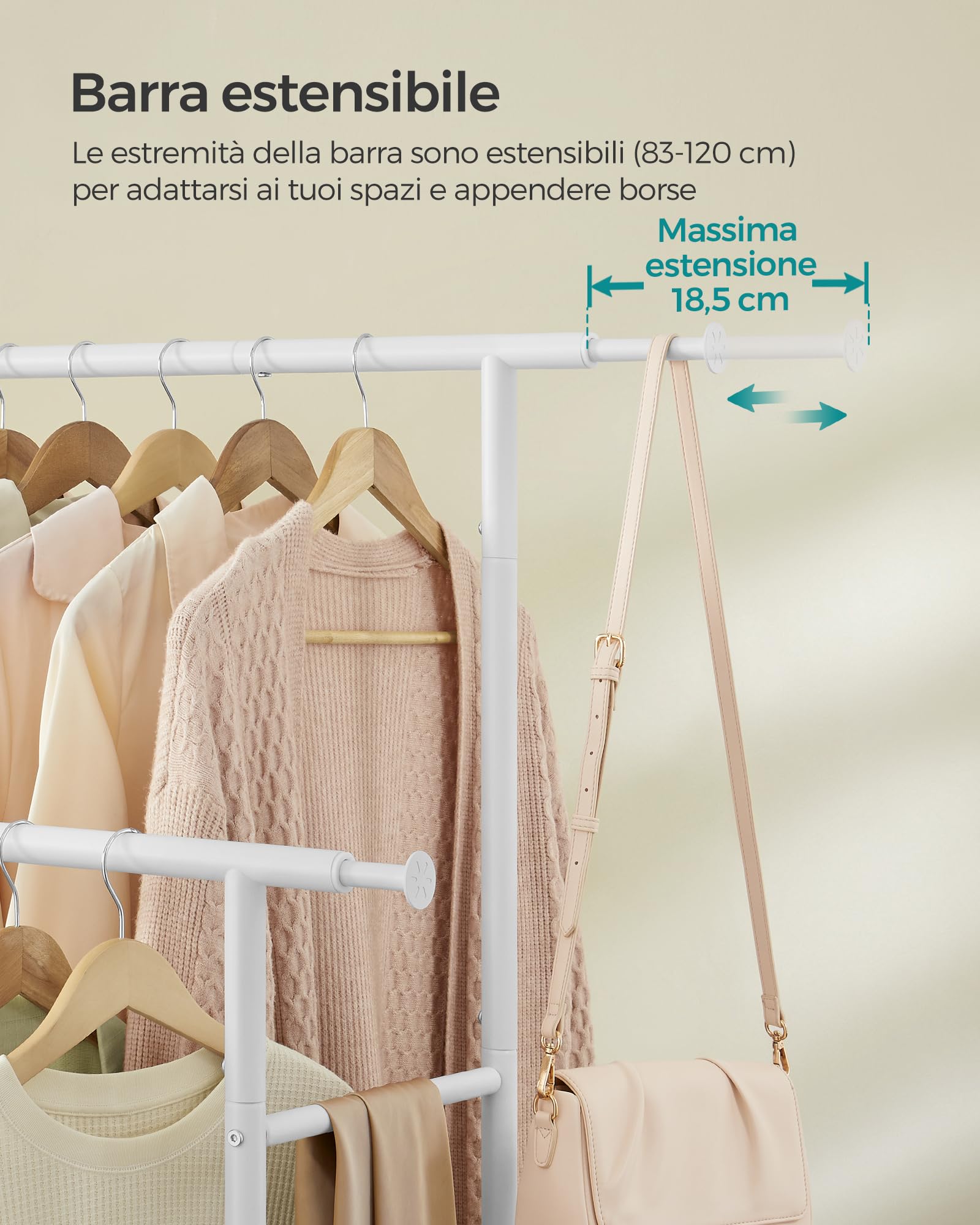 SONGMICS Stand Appendiabiti Doppio con Ruote, Attaccapanni Estensibile in Metallo, Portata Totale 80 kg, Larghezza 83-120 cm, Bianco Nuvola HSR133W01