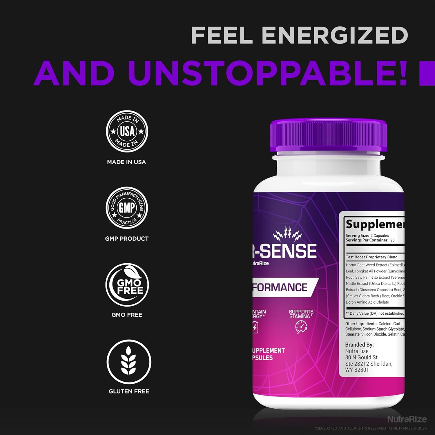 Spider-Sense bottle with quality assurance badges: Made in USA, GMP, GMO Free, Gluten Free