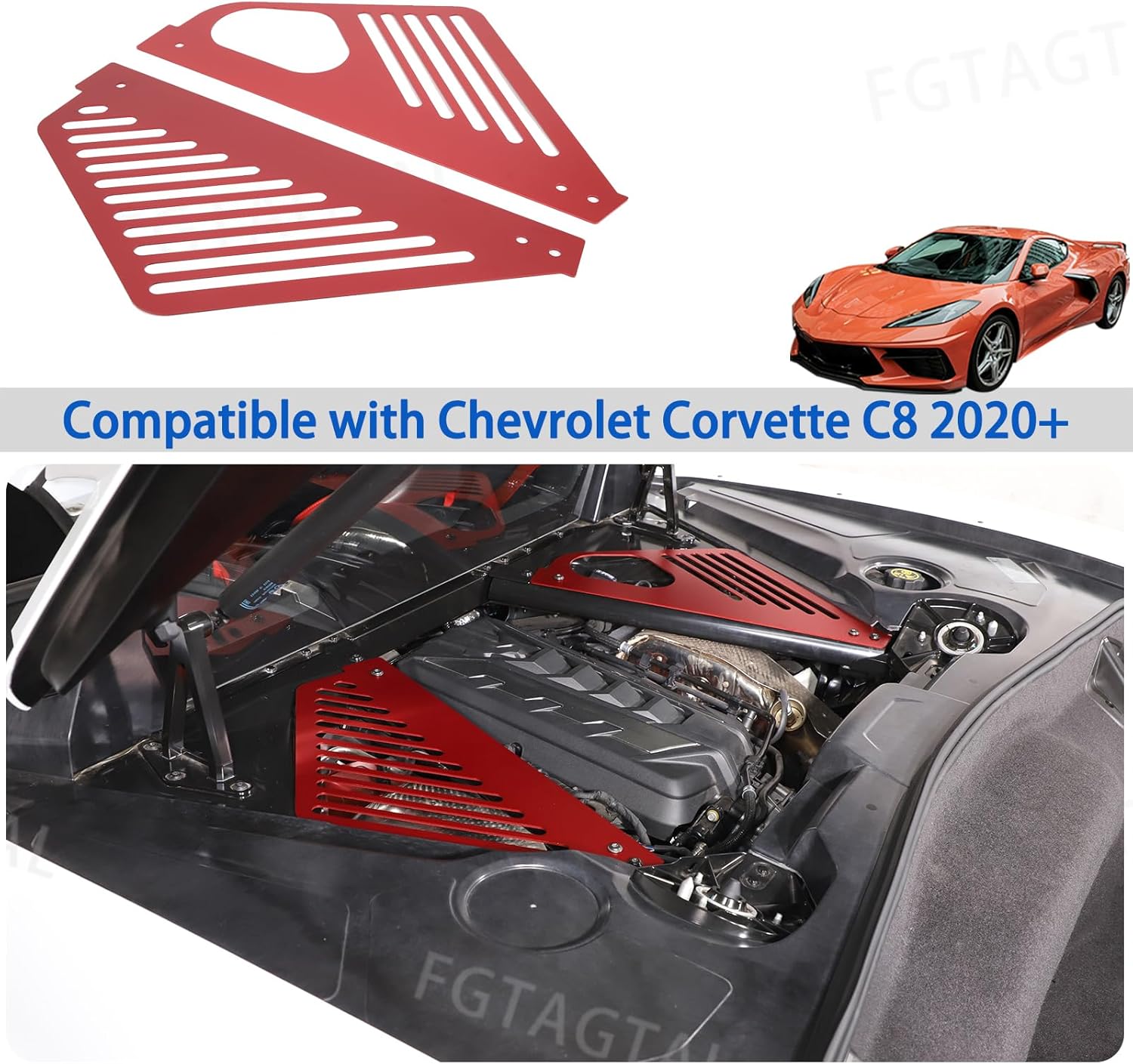 Engine Bay Panel Cover Compatible with Chevrolet Corvette C8 Stingray 2020-2024, Aluminum Engine Compartment Left Right Engine Case Guard Protector Accessories, Not for E-ray Version(Inclined Hole)