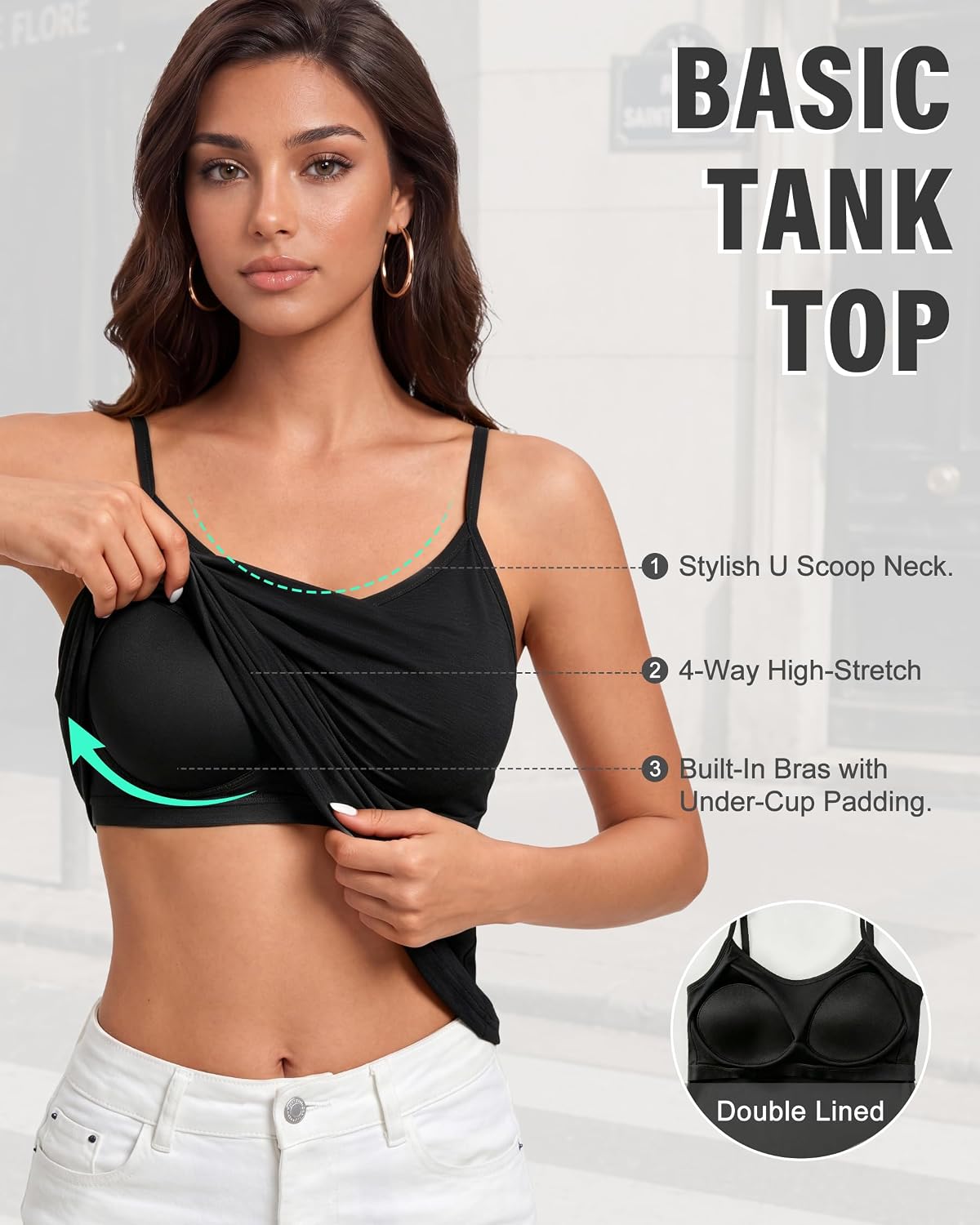 3 Pack Camisole Tops for Women with Built-in Bra, Slim Fit image 5