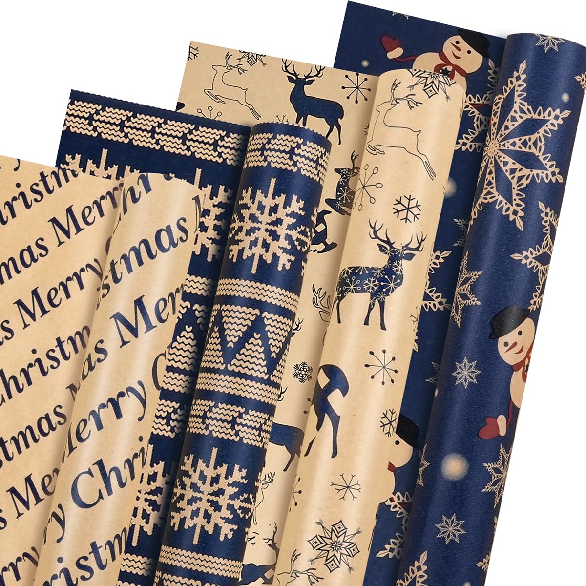 Christmas Wrapping Paper - 4 Rolls 43cm x 3m, Navy Blue and Brown Kraft Snowflake Snowman Reindeer Xmas Wrapping Paper, Recyclable Gift Wrap Paper Rolls Set for Christmas New Year Winter Holiday Party