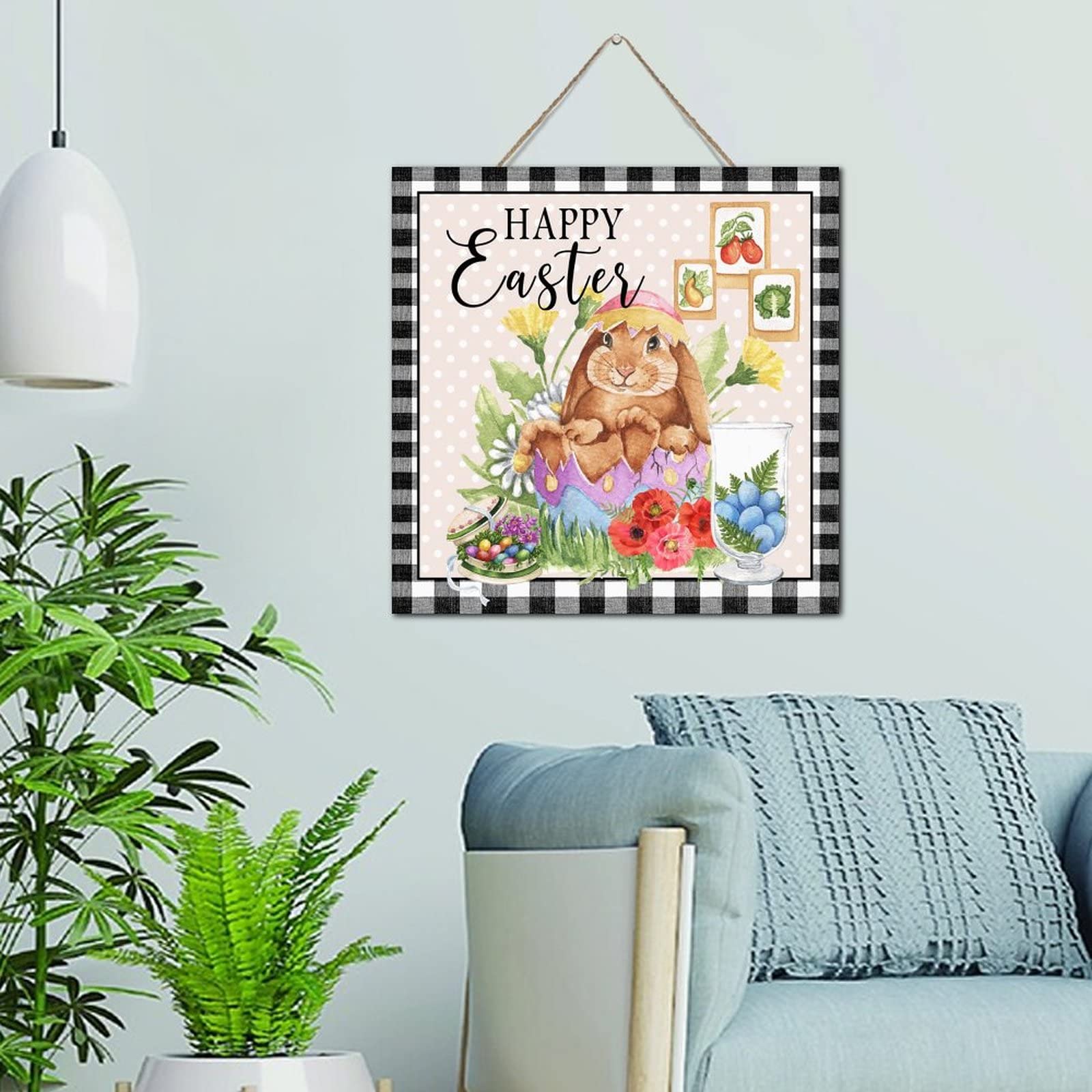 Conejo de Pascua de madera rosa y blanco decorativo de 12x12