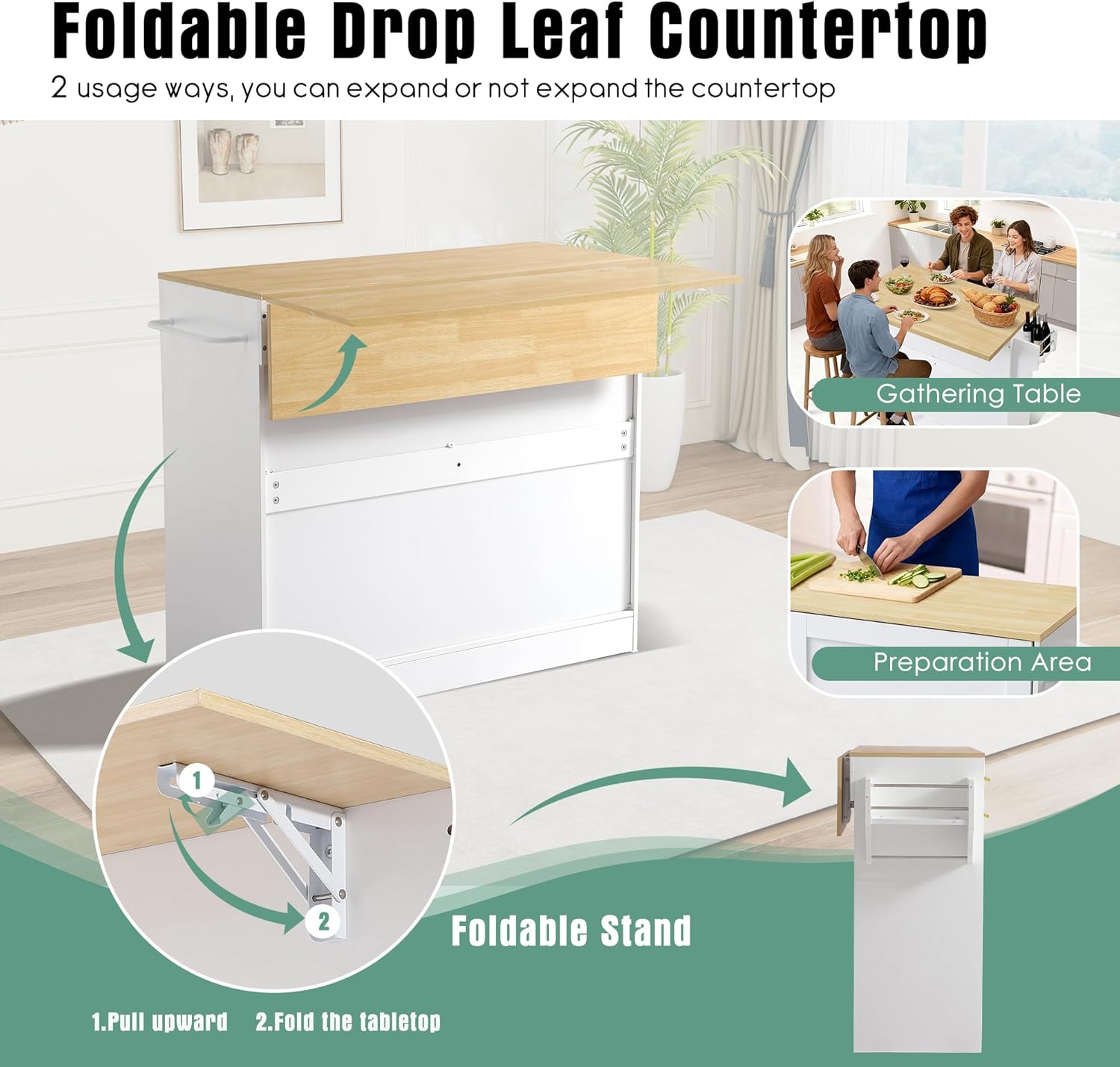 TITIMO 48" Kitchen Island with Drop Leaf and Storage Cabinet, Mobile Rolling Bar Cart with Trash Can Cabinet and Drawer, Modern Island Table for Kitchen with Spice Rack and Towel Rack (White)