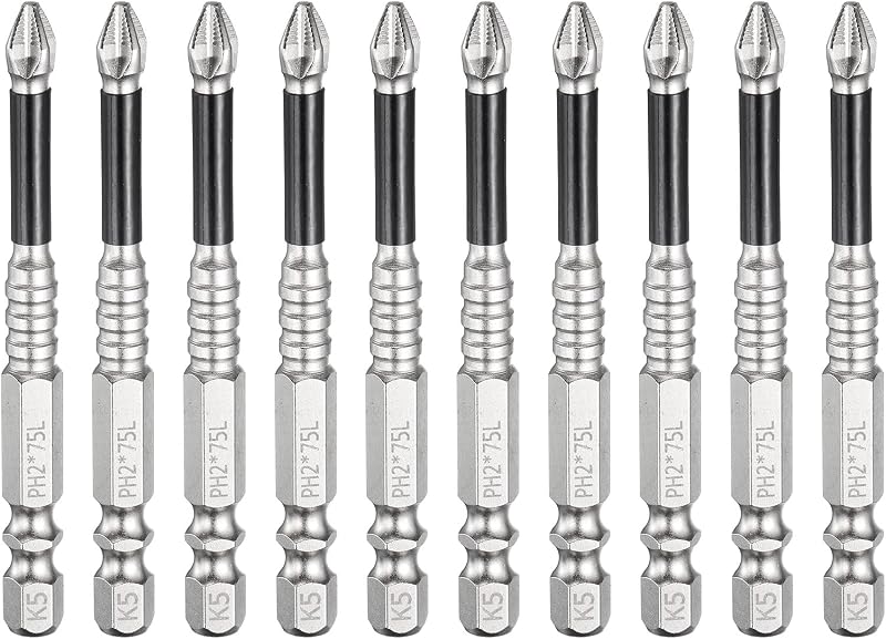 Kit com 10 Bits de Impacto Phillips PH2 (#2) com Ponta Antideslizante, Haste Sextavada de 6,35 mm e 75 mm HARFINGTON