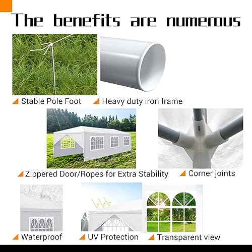 Miniatura 7 de Tienda de campaña para fiestas al aire libre de 10 x 30 pies con toldo blanco y paredes laterales resistente, refugio solar impermeable para