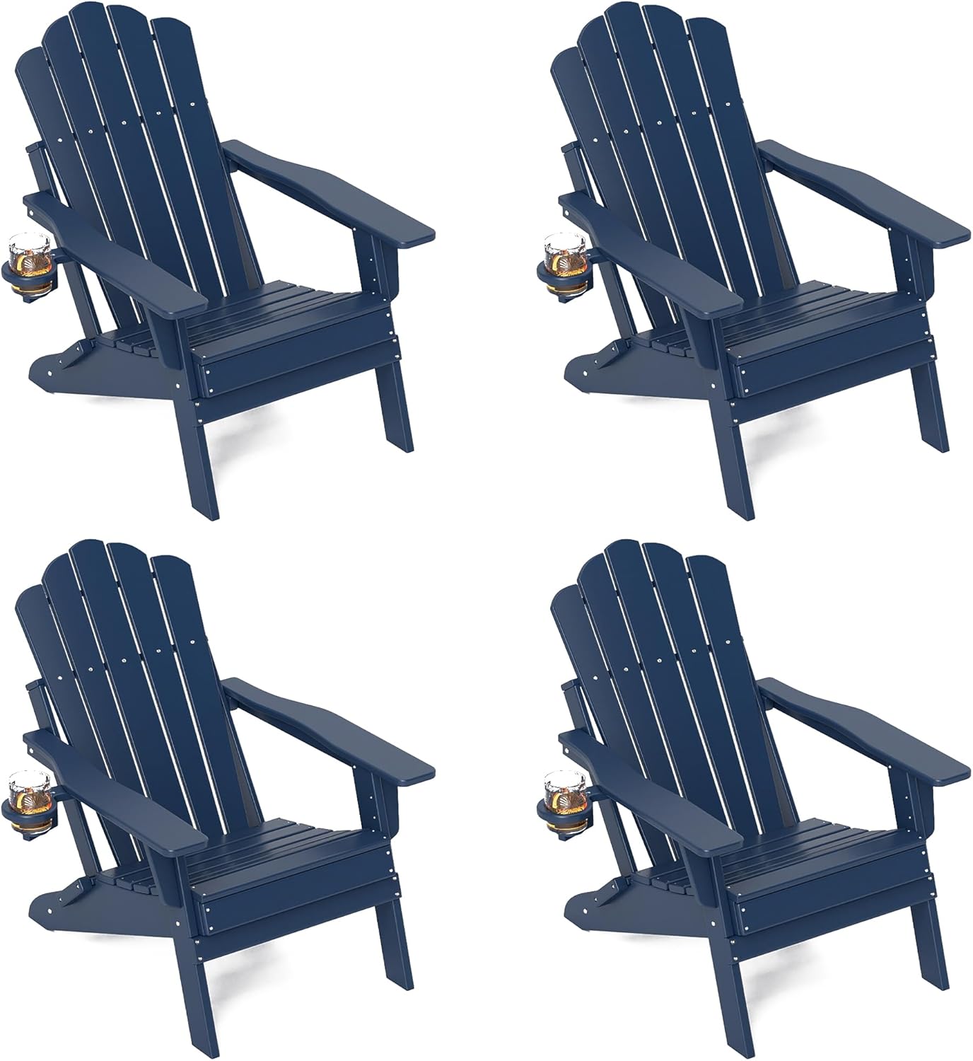 FOOWIN Adirondack Chair Set of 4, Folding HDPE Patio Chairs with Cup Holder, 400LBS Heavy Duty Fire Pit Chairs for Garden, Deck, Backyard, Weather Resistant, Easy Assembly, Navy Blue