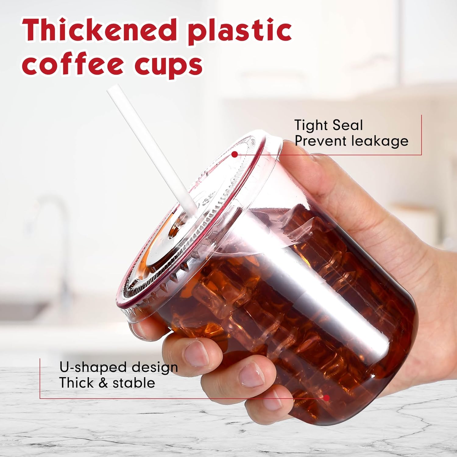 50 Sets Clear Plastic Cups with Lids and Straws, Disposable Iced Coffee Cups Drinking PET for Cold Drinks, Juice, Smoothie, Coffee Shops, Party, Christmas (Pink,14 oz) - Image 4