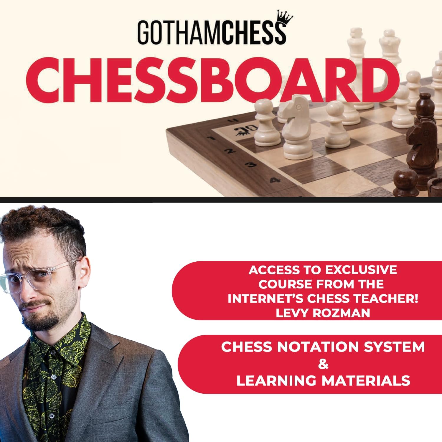 GothamChess Board | Foldable & Portable, Magnetic Chess Pieces, Organized Fitted Storage, Includes Course by International Master Levy Rozman, Game for Families & Adults | 15.75" x 15.75" - Image 2
