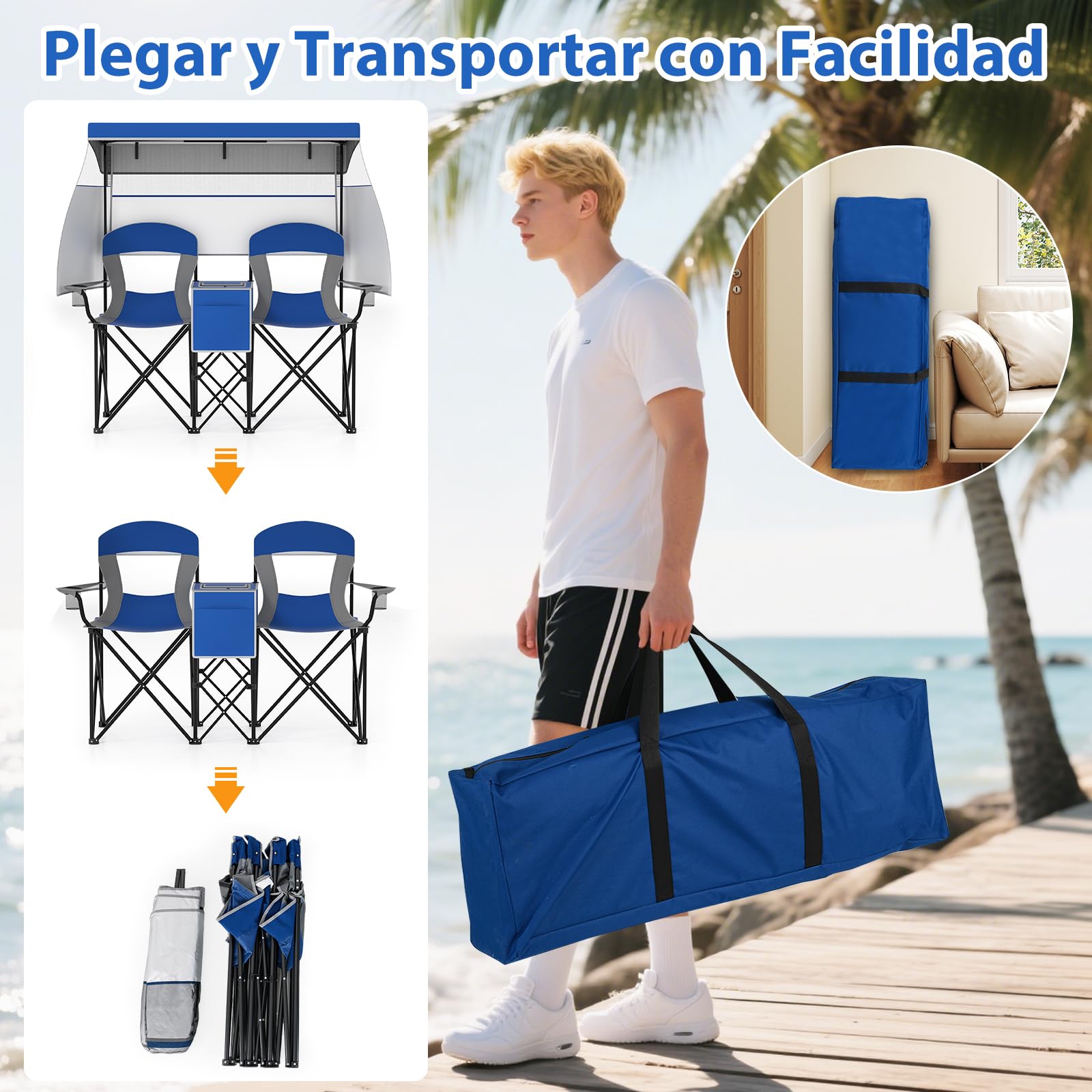 GOPLUS Silla de Playa con Dosel Ajustable, Silla Plegable de Camping Sobredimensionada con Sombra Enrollable, Bolsa Enfriadora, Portavasos, Bolsa de Transporte, para 2 Personas (Azul)