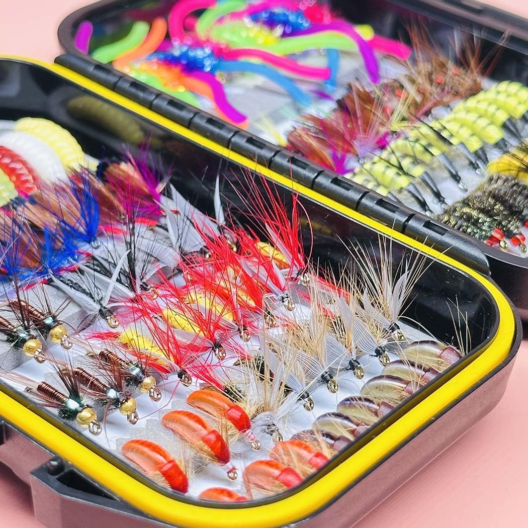 100pcs/Set 20 Mixed Styles Fly Fishing Flies Kit-Hand-Tied Dry Flies for Trout, Bass, Salmon- Dry/Wet Flies, Lures for Freshwater Fly Fishing in Rivers & Lakes