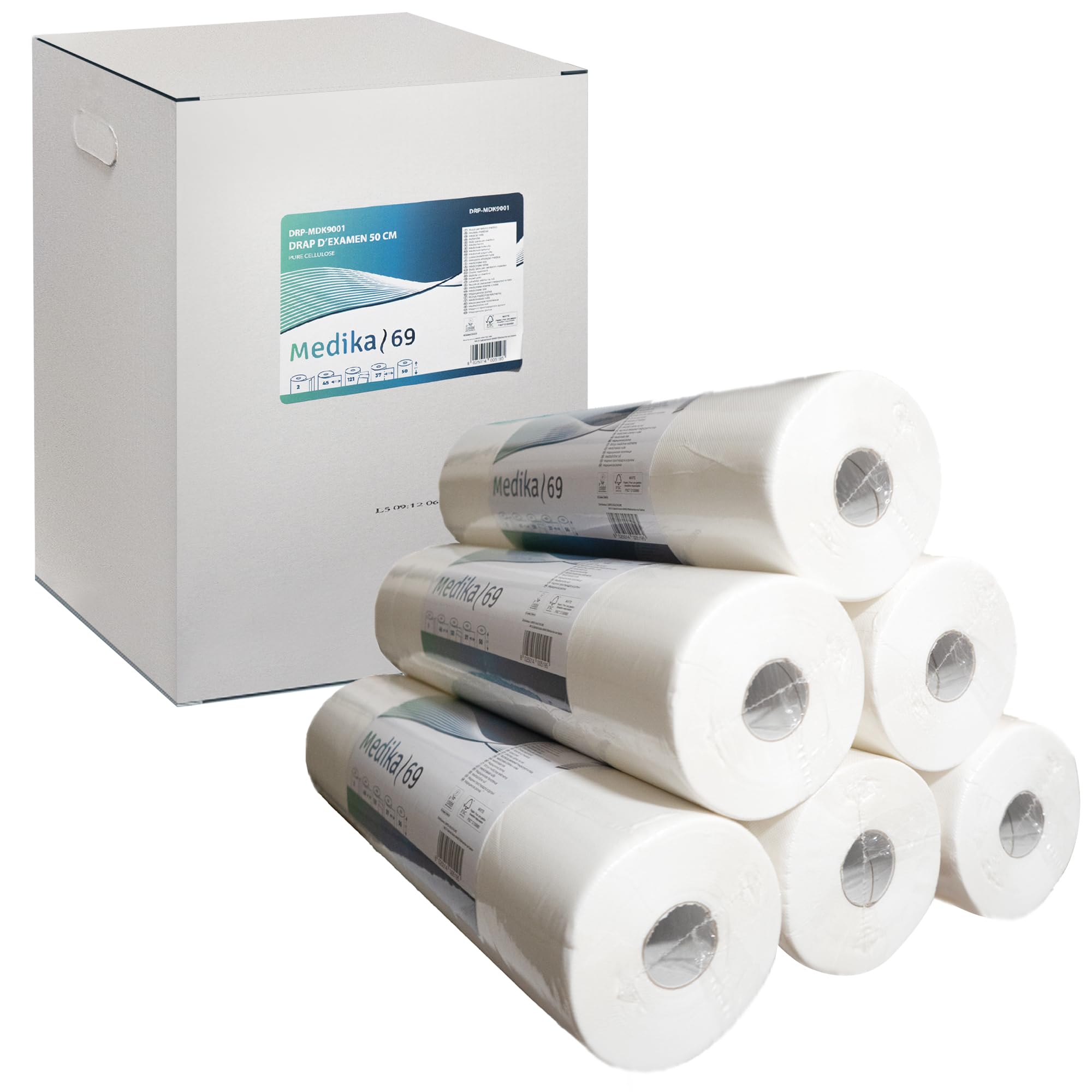 Draps d'examen gauffre point à point pure ouate 2x17.5g/m² - Carton de 9 rouleaux - 2 plis - 121 formats 50x37cm - DRP-MDK9001- Certifié France Medical Industrie