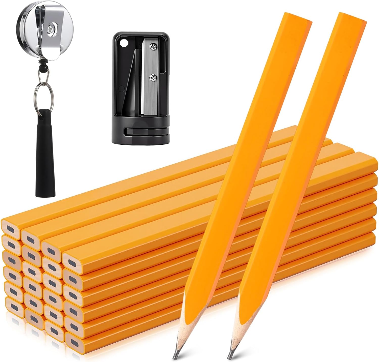 Hohean 26 Pcs Carpenter Pencils, 7 Inches Flat Octagonal Hard Woodworking Construction Pencils Heavy Duty with Pencil Sharpener and Retractable Pull Pen Holder for Contractor Carpentry (Yellow)