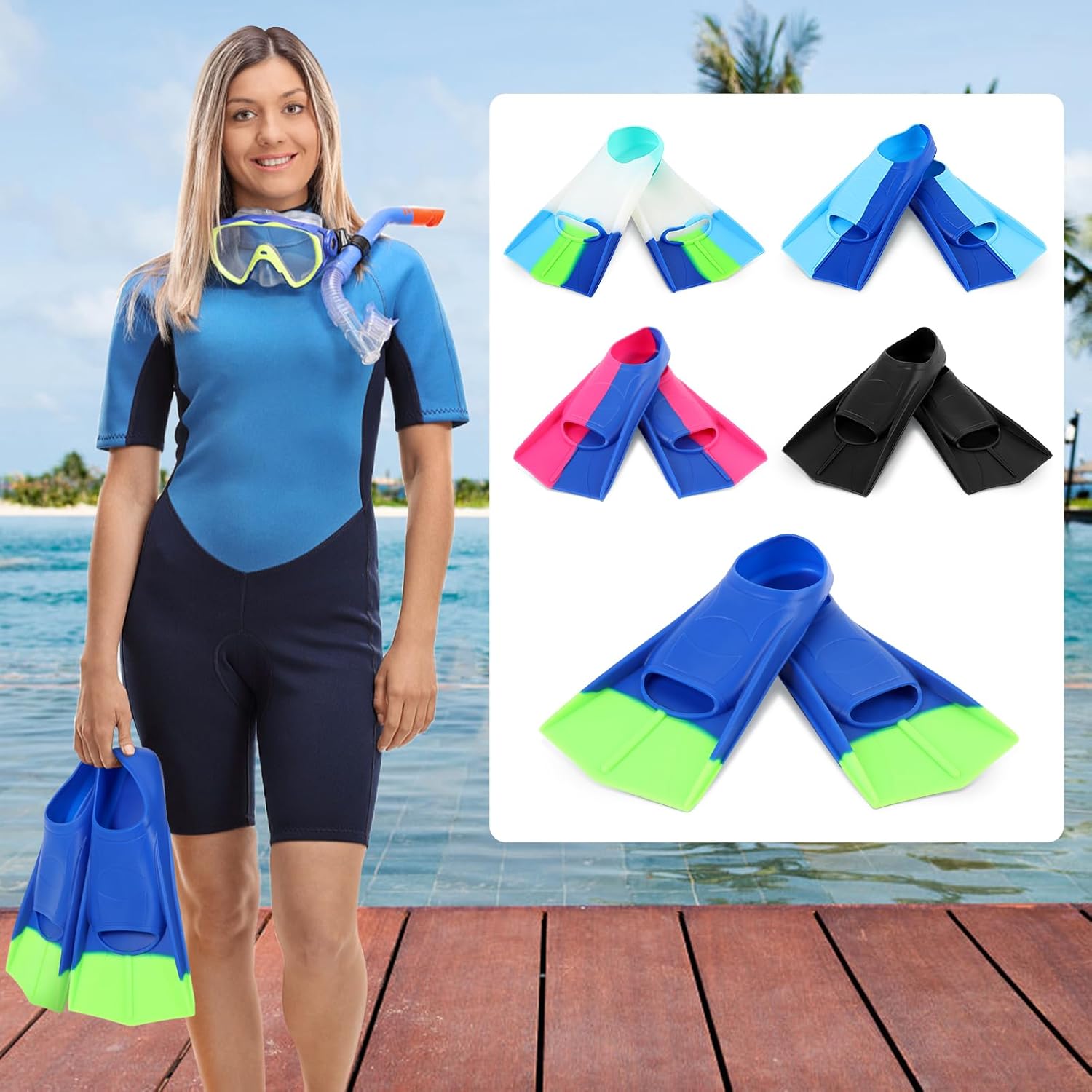 Kids Swim Fins, Short Fins Swimming Flippers for Lap Swimming Training and Diving, Size Suitable Beginners Kids Girls Boys Adults
